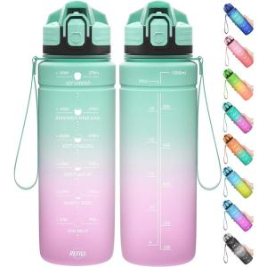 Gourde, 500ml/700ml/1l/1,5l/2l, Sport Gourde, Bouteille d&rsquo;eau Reutilisable Étanches sans BPA Plastique avec Marqueur de Temps pour Running, Randonnée, Camping(Vert Clair-violet Clair)