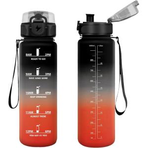 Vikastar Gourde Sport, 500ml/1000ml/1500ml Étanche & Réutilisable, Gourde Enfant, Motivation avec Filtre Gourde, Bouteille, Bouteille d&rsquo;eau, pour Gym, Enfant, École, Bureau, Yoga(Noir-Rouge)