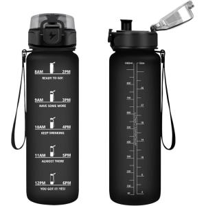 Vikastar Gourde Sport, 500ml/1000ml/1500ml Étanche & Réutilisable, Gourde Enfant, Motivation avec Filtre Gourde, Bouteille, Bouteille d&rsquo;eau, pour Gym, Enfant, École, Bureau, Yoga(Noir)