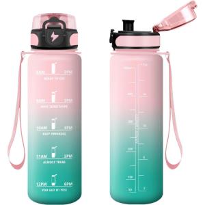 Vikastar Gourde Sport, 500ml/1000ml/1500ml Étanche & Réutilisable, Gourde Enfant, Motivation avec Filtre Gourde, Bouteille, Bouteille d&rsquo;eau, pour Gym, Enfant, École, Bureau, Yoga(Rose-Cyan)