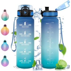 Vikastar Gourde Sport, 500ml/1000ml/1500ml Étanche & Réutilisable, Gourde Enfant, Motivation avec Filtre Gourde, Bouteille, Bouteille d&rsquo;eau, pour Gym, Enfant, École, Bureau, Yoga(Bleu-Vert)