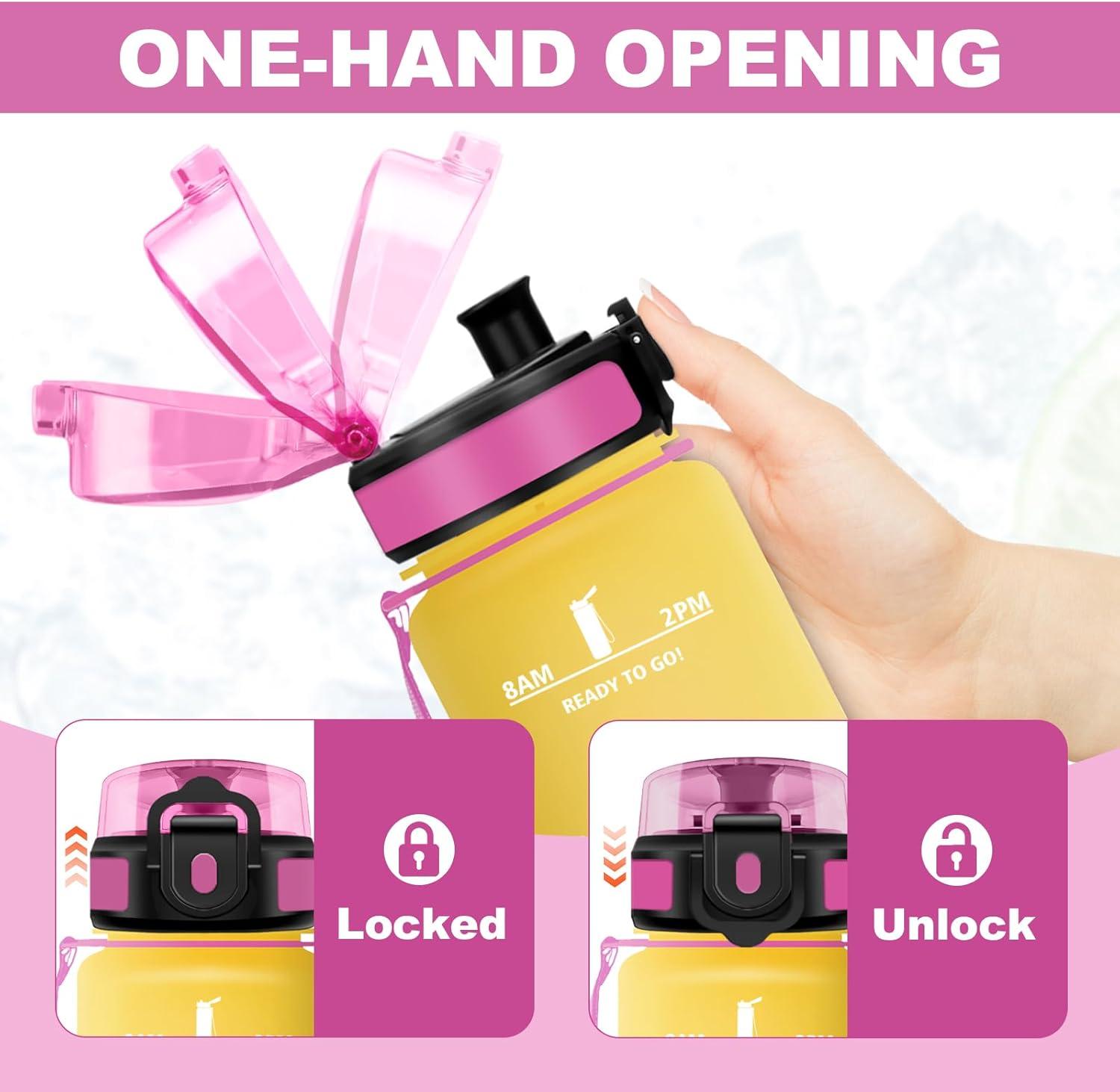 image:imageBouteille deau 1L Gourde Sport tanche Gourde Enfant avec Filtre Gourdes avec Marqueur de Temps Gourdes Motivation Idale pour Yoga cole Bureau Randonne32oz1000ml Jaune Rose