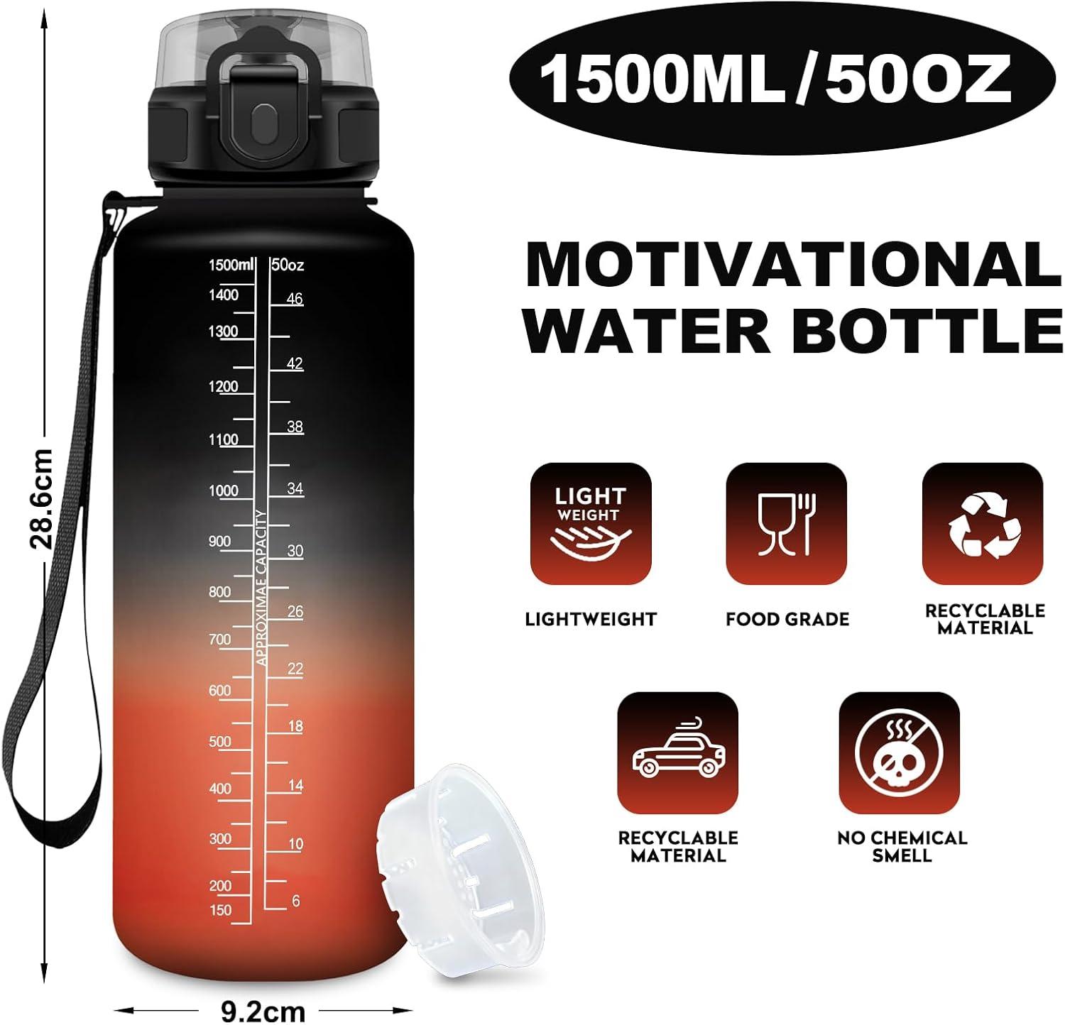 image:imageBouteille deau 1L Gourde Sport tanche Gourde Enfant avec Filtre Gourdes avec Marqueur de Temps Gourdes Motivation Idale pour Yoga cole Bureau Randonne50oz1500ml Noir Rouge