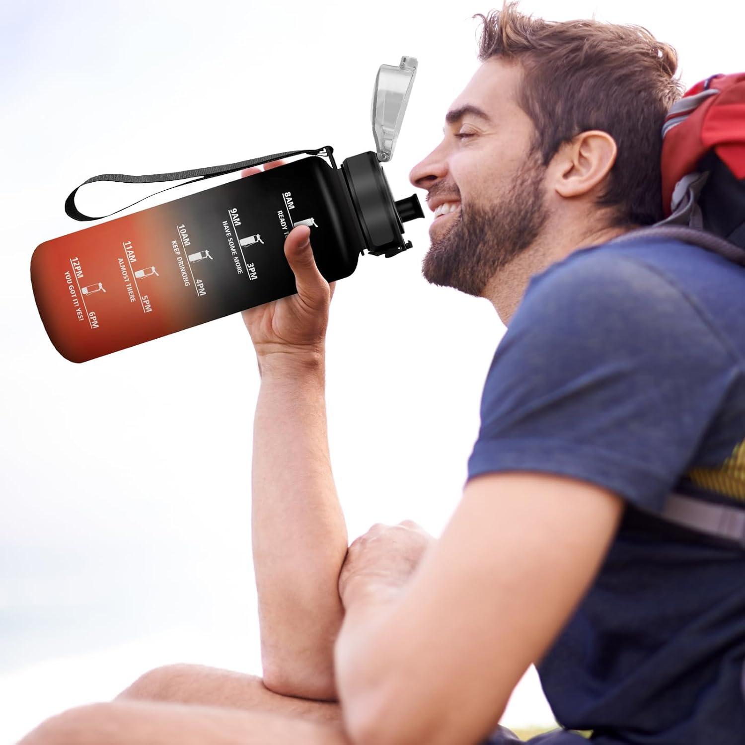image:imageBouteille deau 1L Gourde Sport tanche Gourde Enfant avec Filtre Gourdes avec Marqueur de Temps Gourdes Motivation Idale pour Yoga cole Bureau Randonne50oz1500ml Noir Rouge