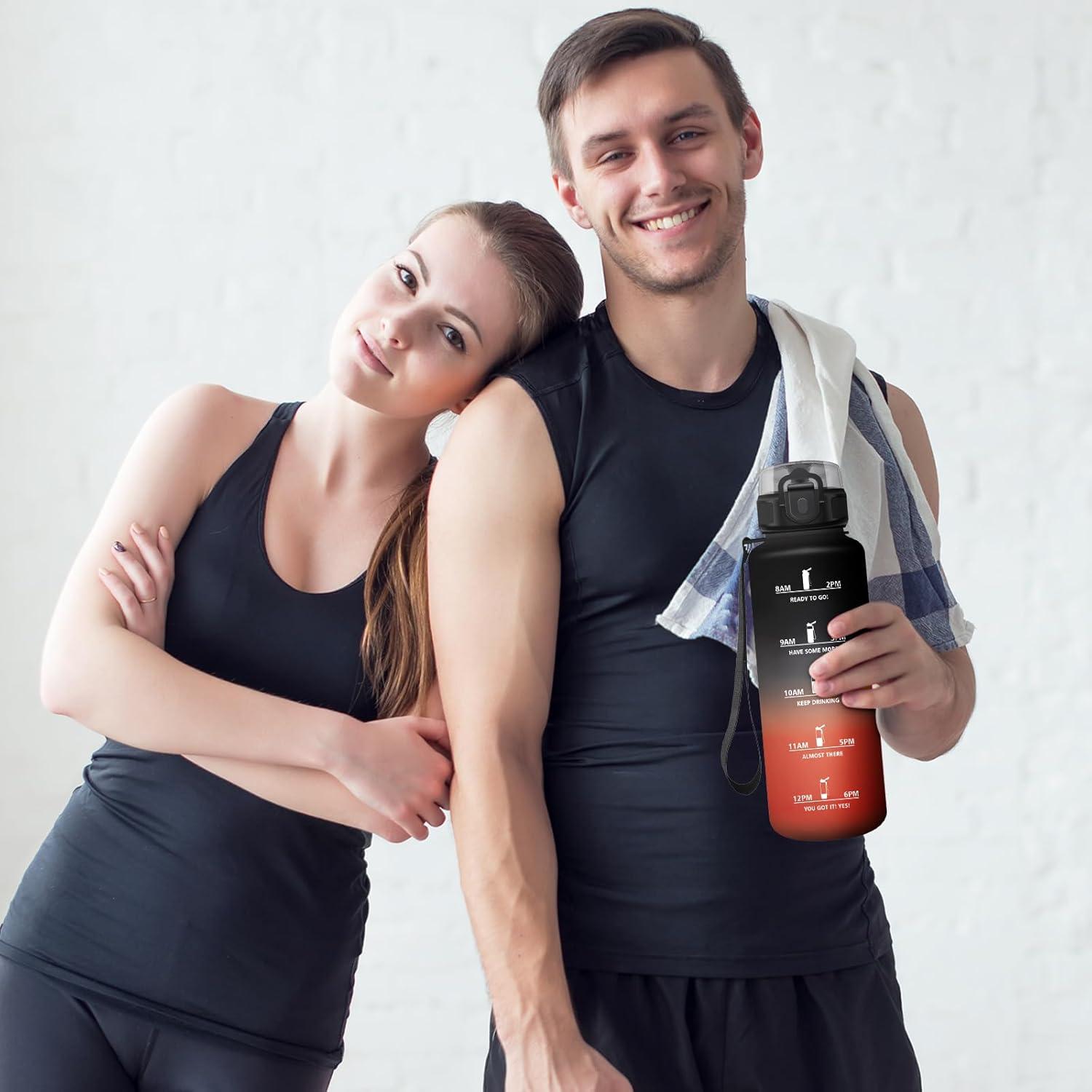 image:imageBouteille deau 1L Gourde Sport tanche Gourde Enfant avec Filtre Gourdes avec Marqueur de Temps Gourdes Motivation Idale pour Yoga cole Bureau Randonne50oz1500ml Noir Rouge