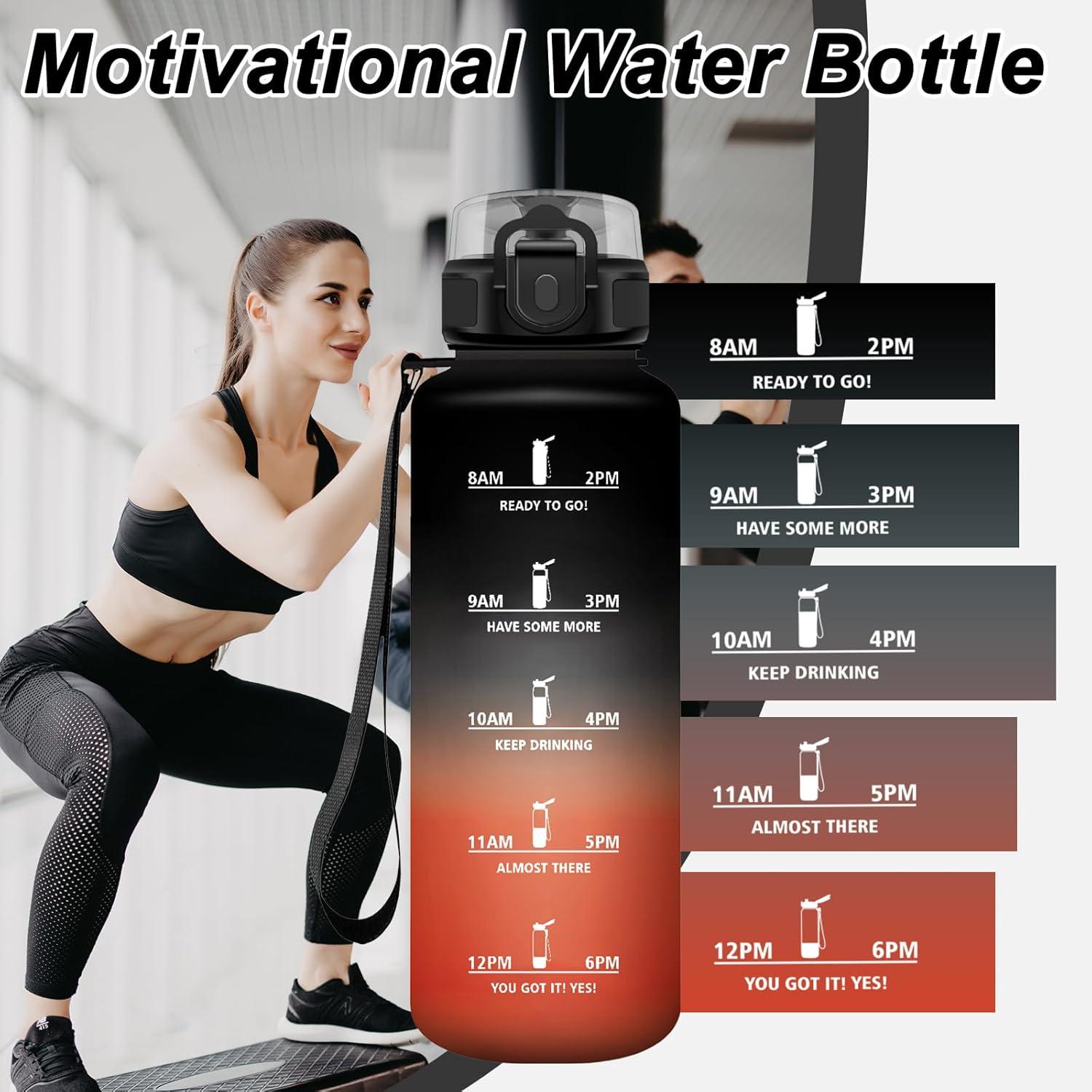 image:imageBouteille deau 1L Gourde Sport tanche Gourde Enfant avec Filtre Gourdes avec Marqueur de Temps Gourdes Motivation Idale pour Yoga cole Bureau Randonne50oz1500ml Noir Rouge