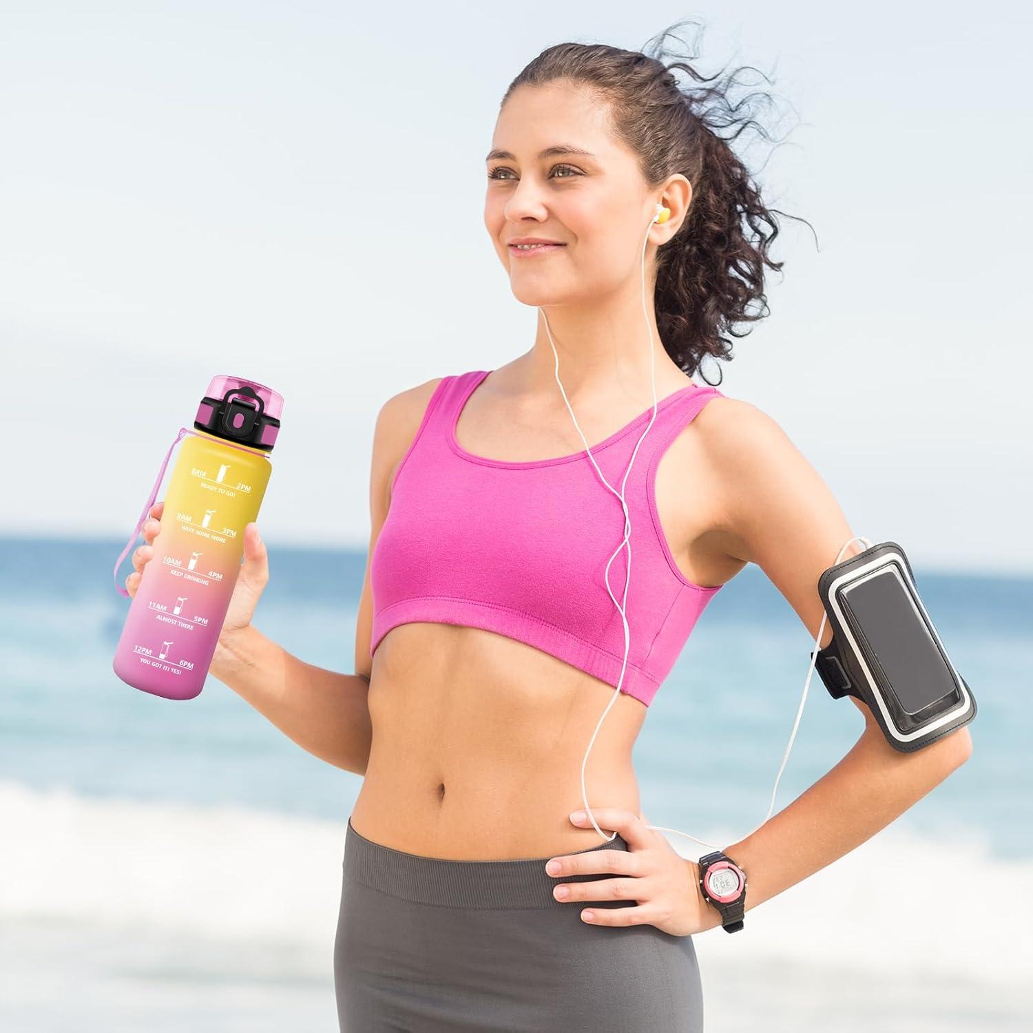 image:imageBouteille deau 1L Gourde Sport tanche Gourde Enfant avec Filtre Gourdes avec Marqueur de Temps Gourdes Motivation Idale pour Yoga cole Bureau Randonne32oz1000ml Jaune Rose