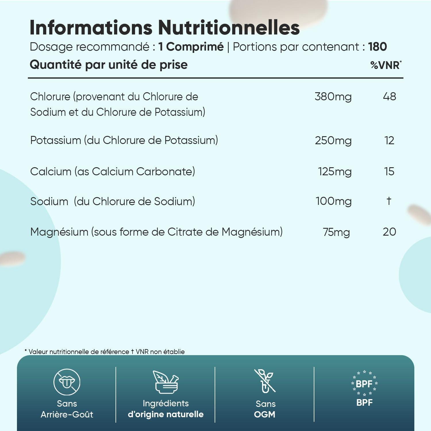 image:imageElectrolyte Complex 6 Mois dApprovisionnement sans Additifs Artificiels sans Sucre ni Saveurs Ingrdients dorigine Naturelle Sodium Calcium Magnsium Potassium Chlorure 180 comprims 930mg