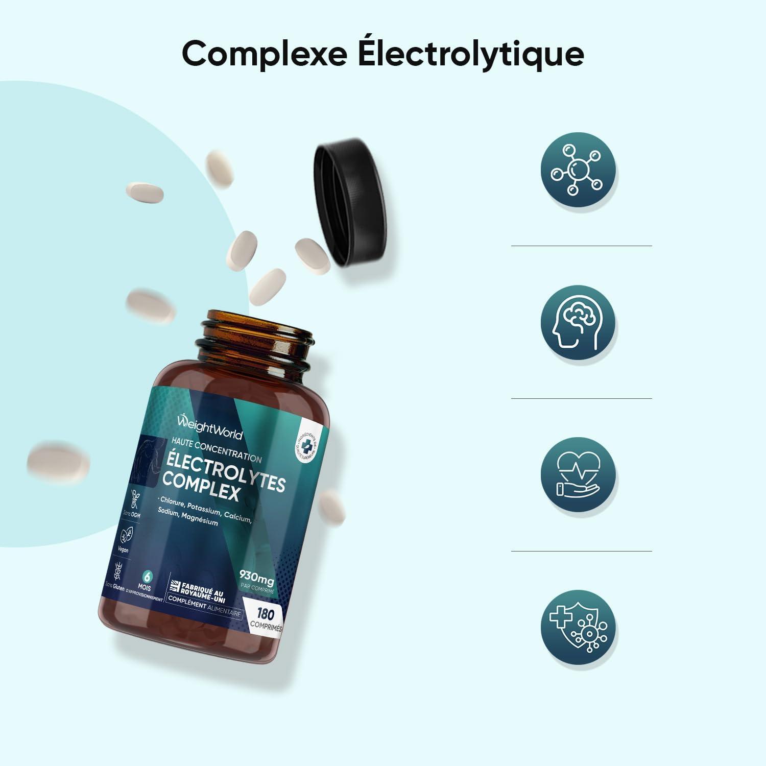 image:imageElectrolyte Complex 6 Mois dApprovisionnement sans Additifs Artificiels sans Sucre ni Saveurs Ingrdients dorigine Naturelle Sodium Calcium Magnsium Potassium Chlorure 180 comprims 930mg