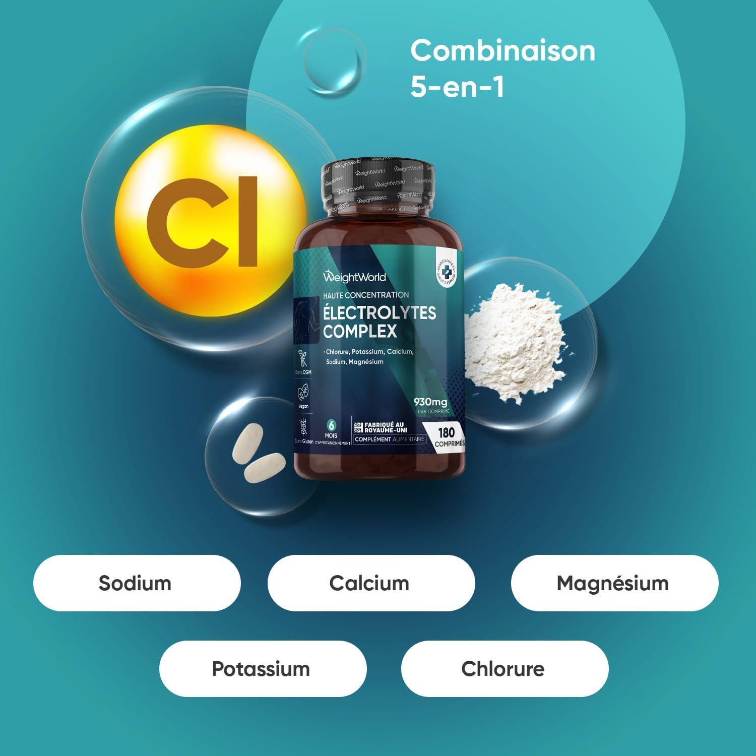 image:imageElectrolyte Complex 6 Mois dApprovisionnement sans Additifs Artificiels sans Sucre ni Saveurs Ingrdients dorigine Naturelle Sodium Calcium Magnsium Potassium Chlorure 180 comprims 930mg
