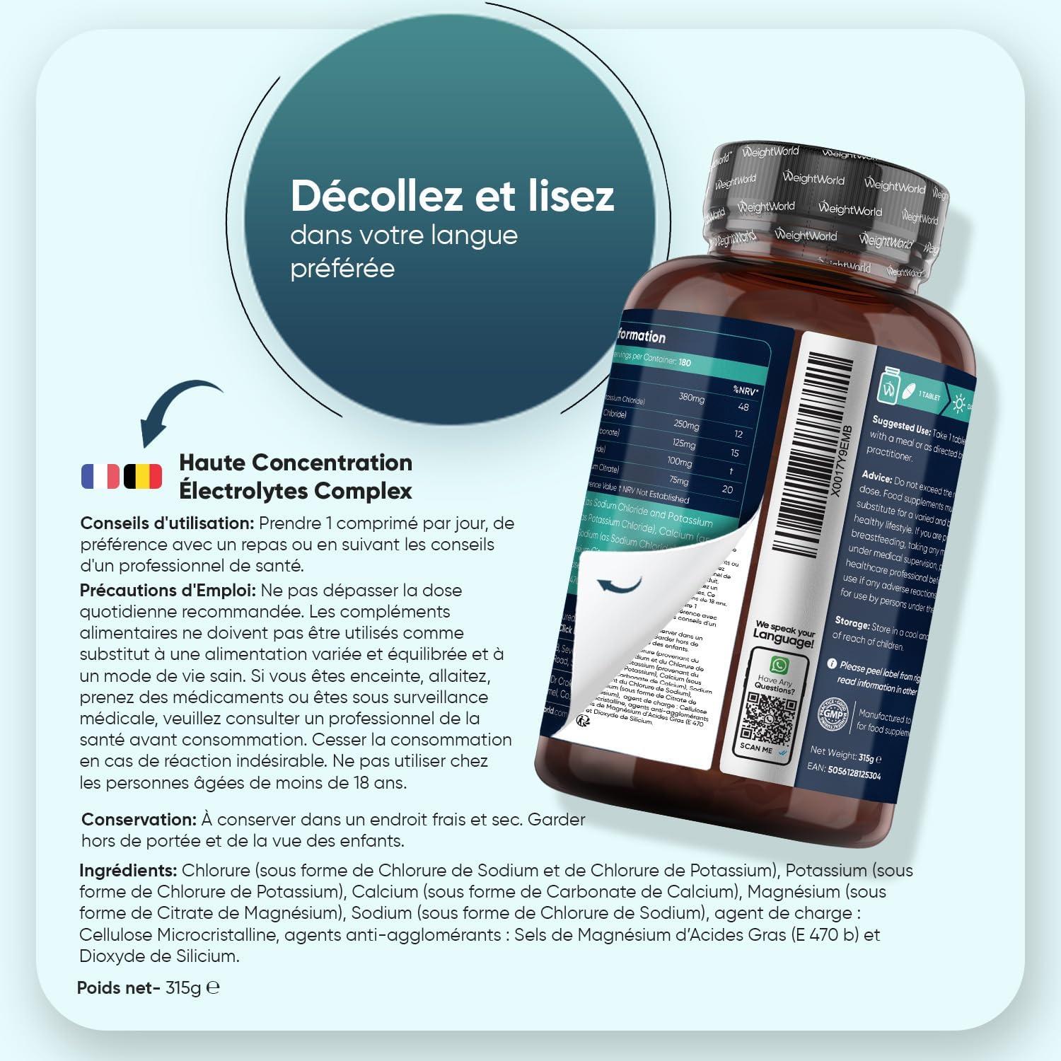 image:imageElectrolyte Complex 6 Mois dApprovisionnement sans Additifs Artificiels sans Sucre ni Saveurs Ingrdients dorigine Naturelle Sodium Calcium Magnsium Potassium Chlorure 180 comprims 930mg