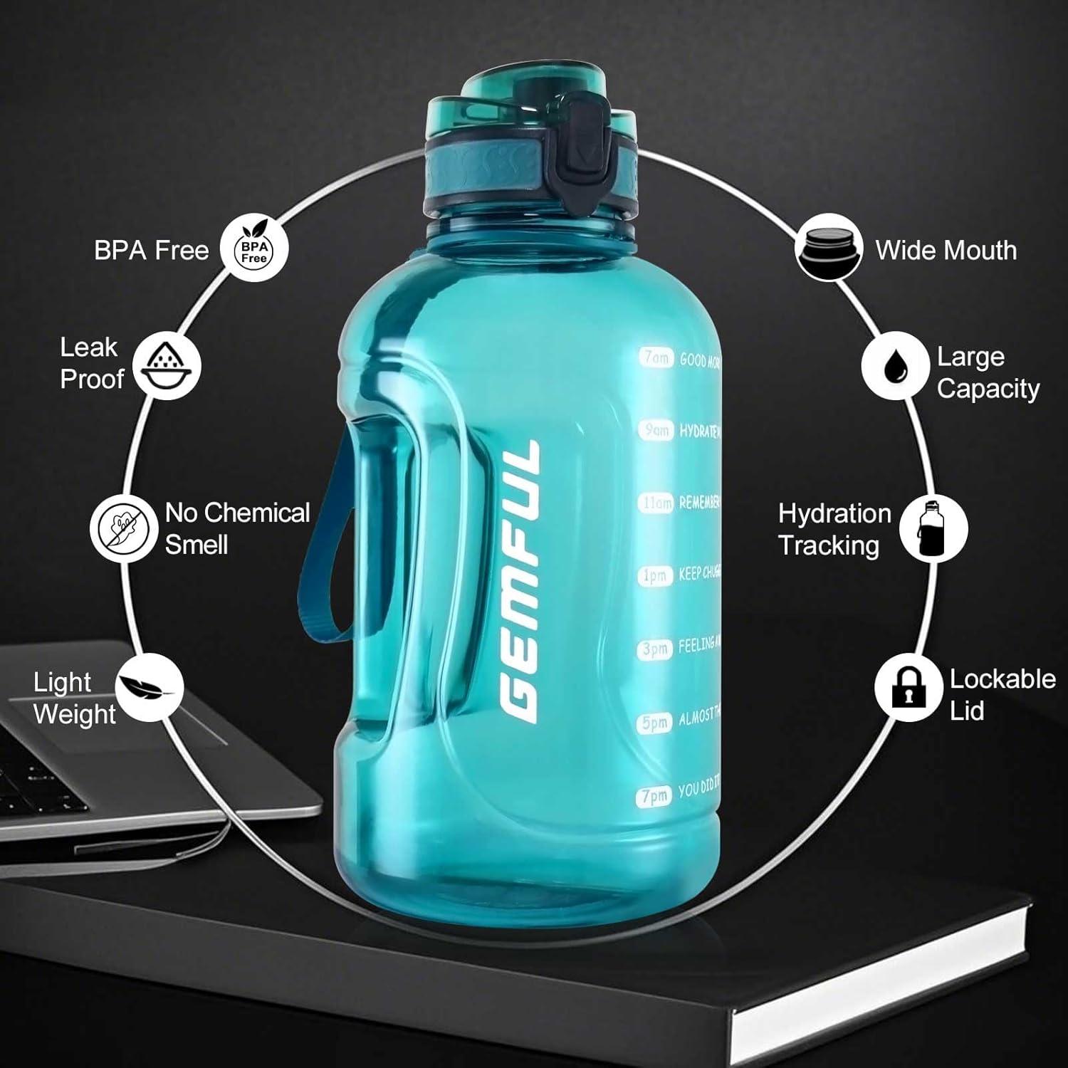 image:imageGEMFUL Bouteille deau sport 2L avec marqueur de temps Sans BPA tanche Bouteille deau sport 2L avec poigne pour fitness bureau et extrieur GrisCyan
