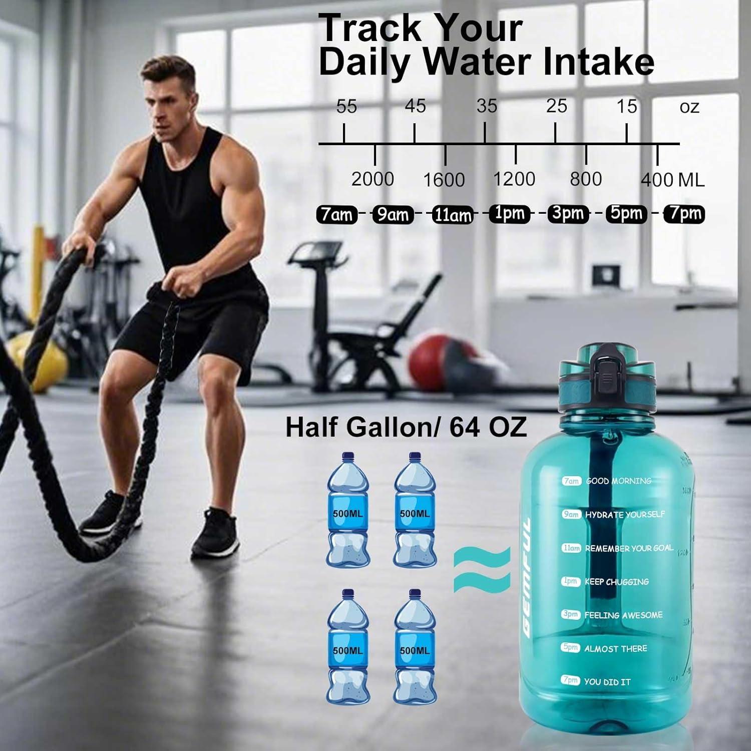 image:imageGEMFUL Bouteille deau sport 2L avec marqueur de temps Sans BPA tanche Bouteille deau sport 2L avec poigne pour fitness bureau et extrieur GrisCyan