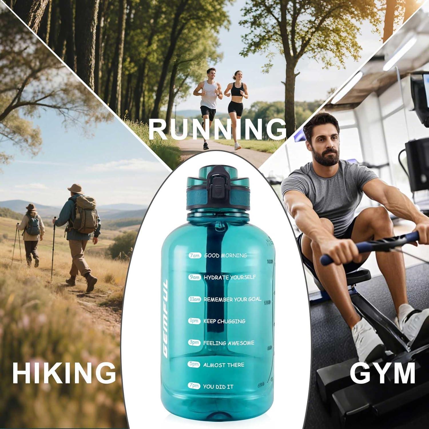 image:imageGEMFUL Bouteille deau sport 2L avec marqueur de temps Sans BPA tanche Bouteille deau sport 2L avec poigne pour fitness bureau et extrieur GrisCyan