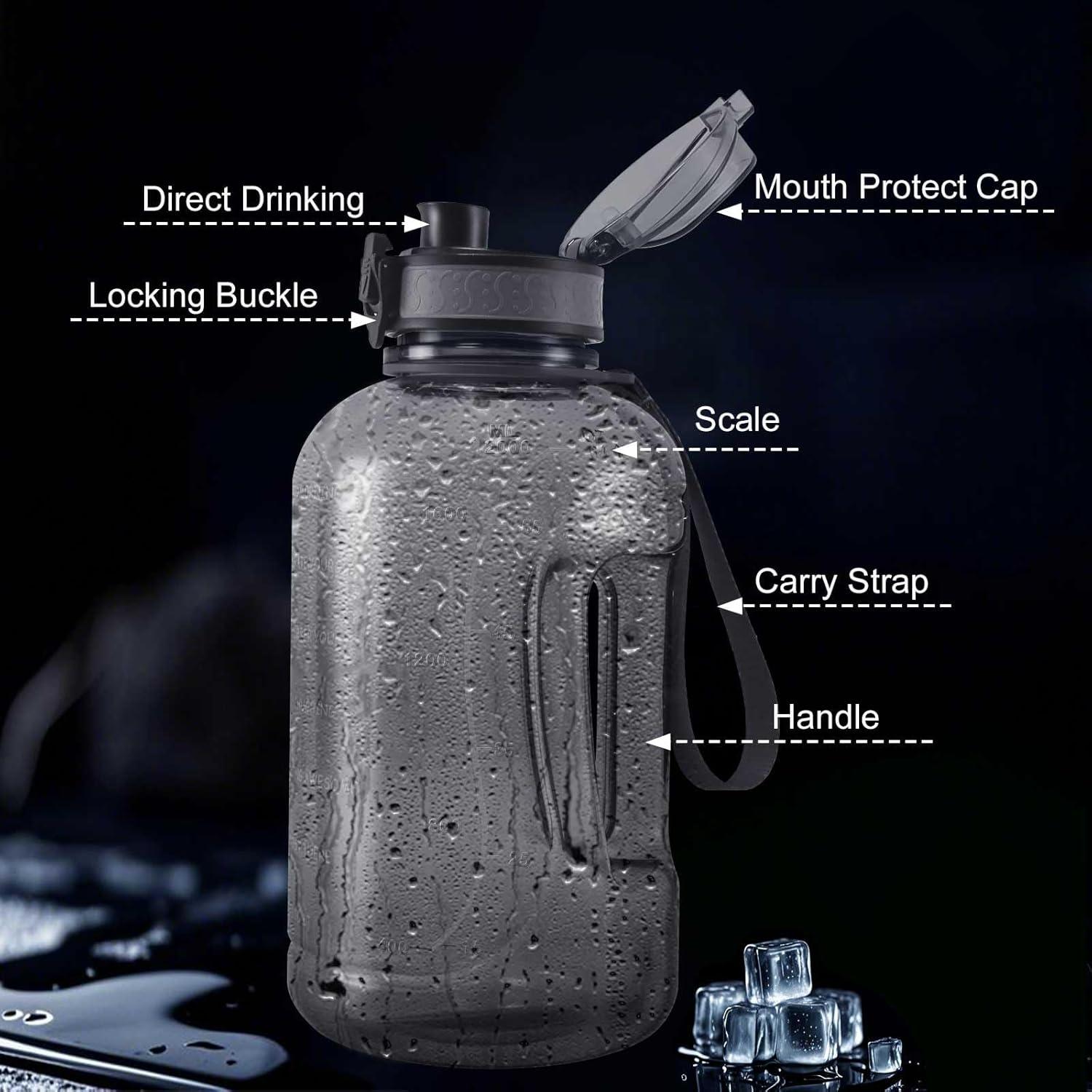 image:imageGEMFUL Bouteille deau sport 2L avec marqueur de temps Sans BPA tanche Bouteille deau sport 2L avec poigne pour fitness bureau et extrieur GrisGris