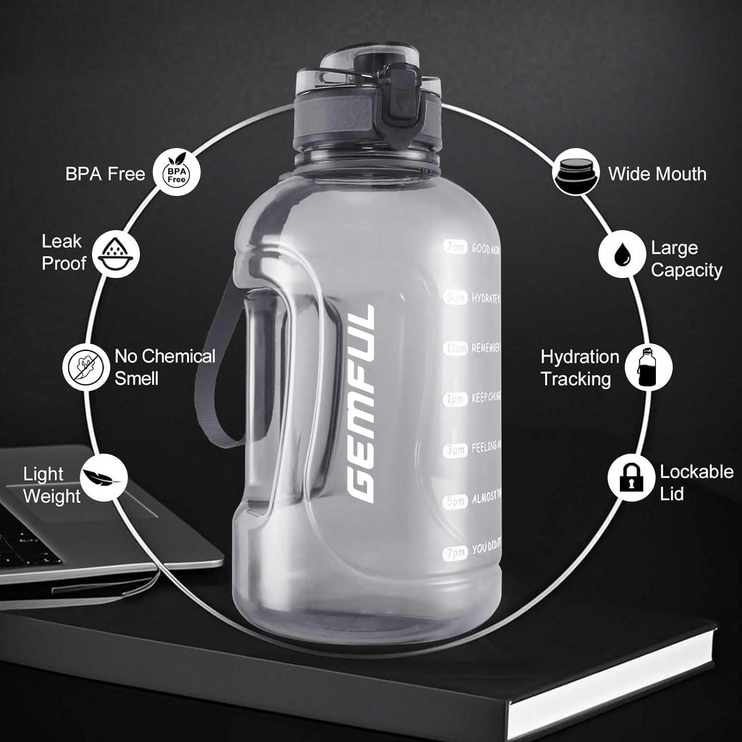 image:imageGEMFUL Bouteille deau sport 2L avec marqueur de temps Sans BPA tanche Bouteille deau sport 2L avec poigne pour fitness bureau et extrieur GrisGris