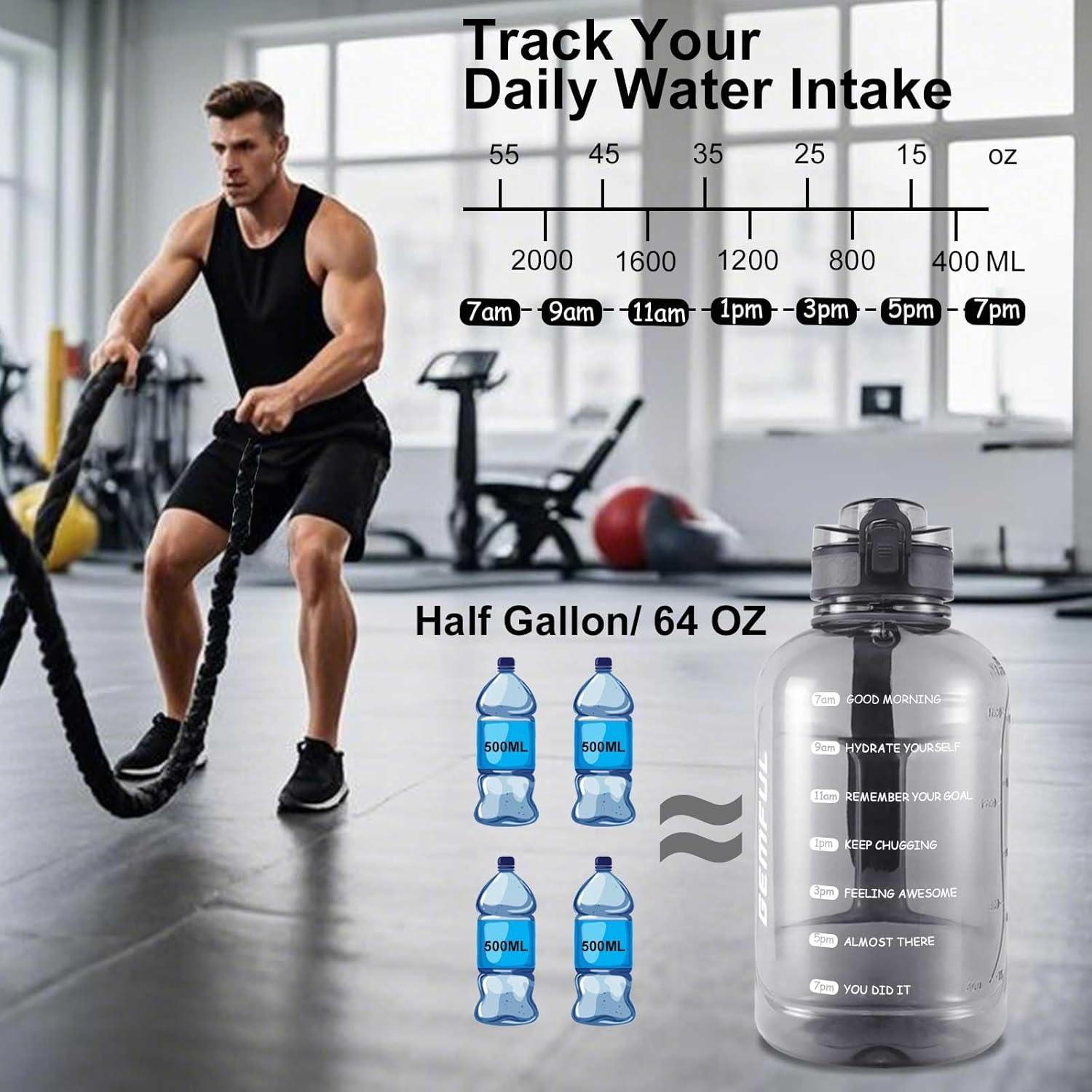 image:imageGEMFUL Bouteille deau sport 2L avec marqueur de temps Sans BPA tanche Bouteille deau sport 2L avec poigne pour fitness bureau et extrieur GrisGris