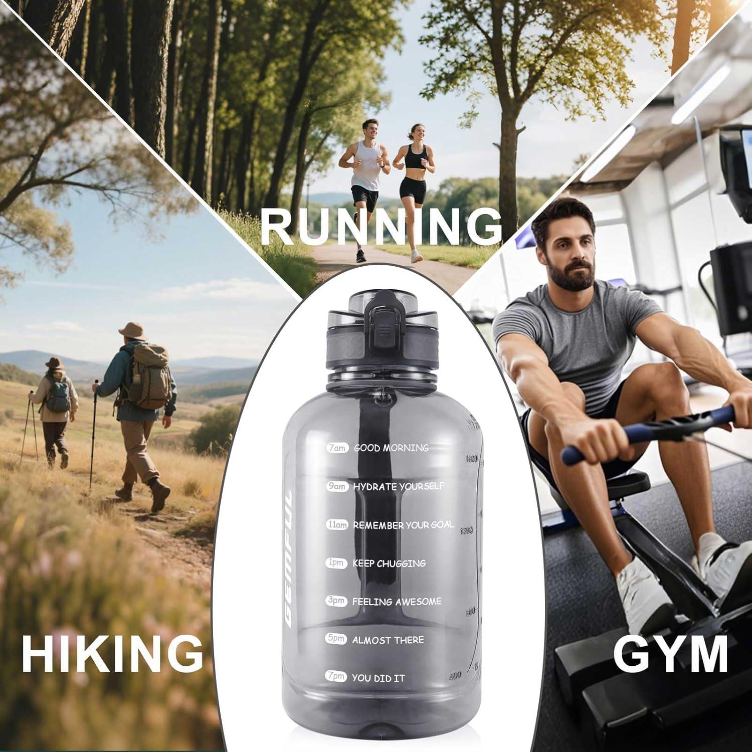 image:imageGEMFUL Bouteille deau sport 2L avec marqueur de temps Sans BPA tanche Bouteille deau sport 2L avec poigne pour fitness bureau et extrieur GrisGris