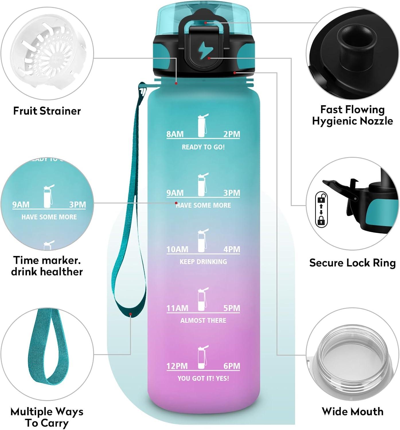 image:imageGourde 1L Gourde Sport tanche et Rutilisable Bouteille deau 1 Litre avec Marqueur de Temps et Filtre Bouteille pour Adulte lcole Cyclisme Voyage Camping Fitness Yoga Bureau Gym17oz500ml Vert Rose Clair
