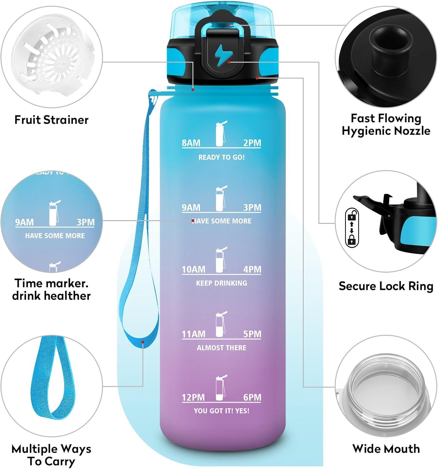 image:imageGourde 1L Gourde Sport tanche et Rutilisable Bouteille deau 1 Litre avec Marqueur de Temps et Filtre Bouteille pour Adulte lcole Cyclisme Voyage Camping Fitness Yoga Bureau Gym17oz500ml Bleu Lilas