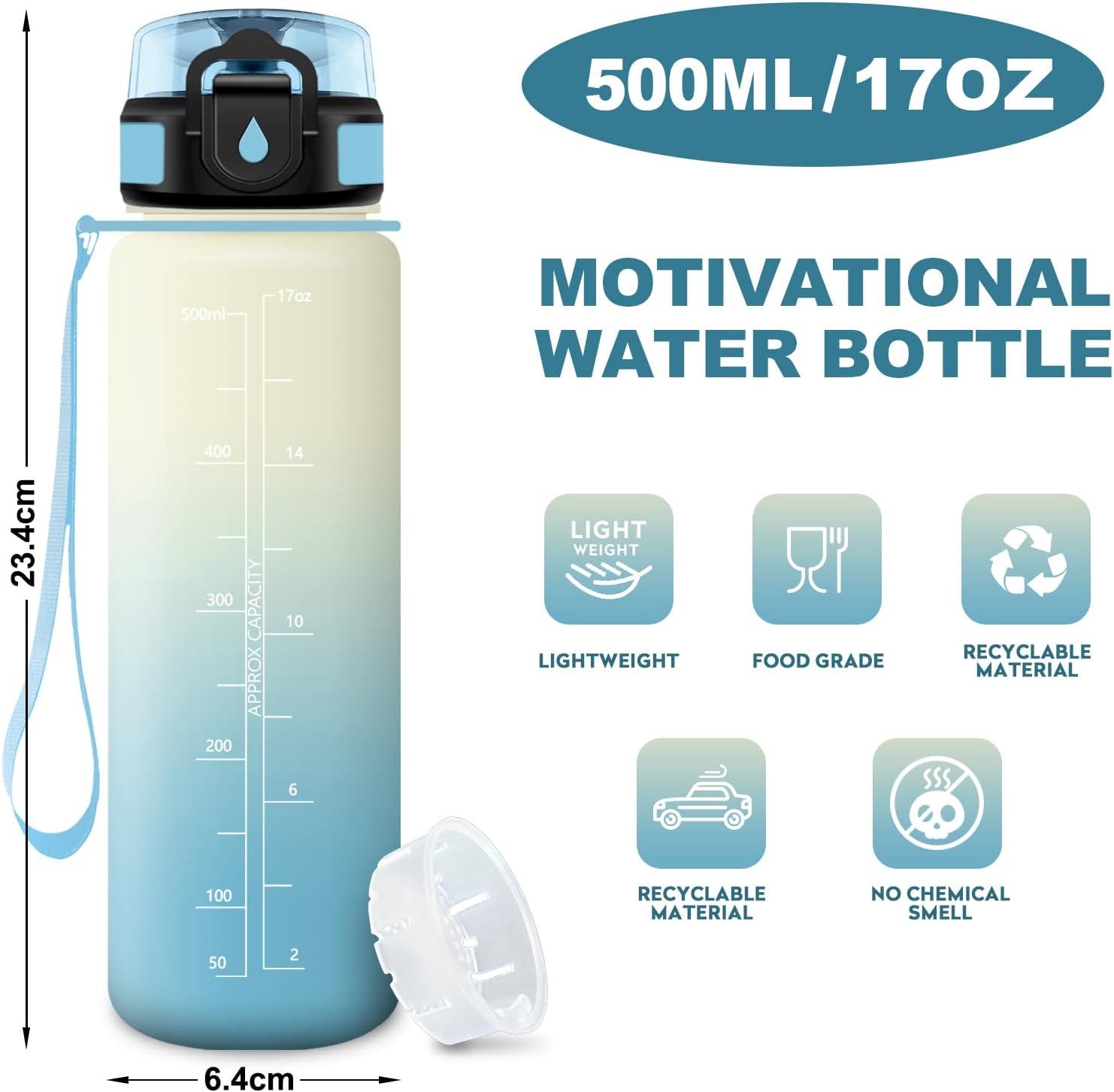 image:imageGourde Motivation 15L Gourde avec Filtre sans BPA tanche et Rutilisable Bouteille deau de Motivation avec Marqueur de Temps Bouteille Rutilisable pour lcole Sport Bureau Camping17oz500ml Blanc Bleu Clair