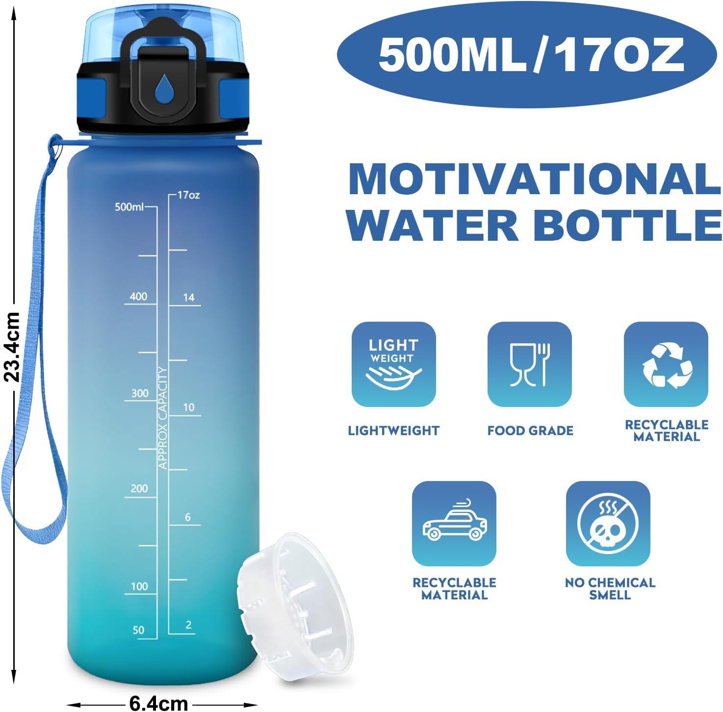 image:imageGourde Motivation 15L Gourde avec Filtre sans BPA tanche et Rutilisable Bouteille deau de Motivation avec Marqueur de Temps Bouteille Rutilisable pour lcole Sport Bureau Camping17oz500ml Bleu Vert