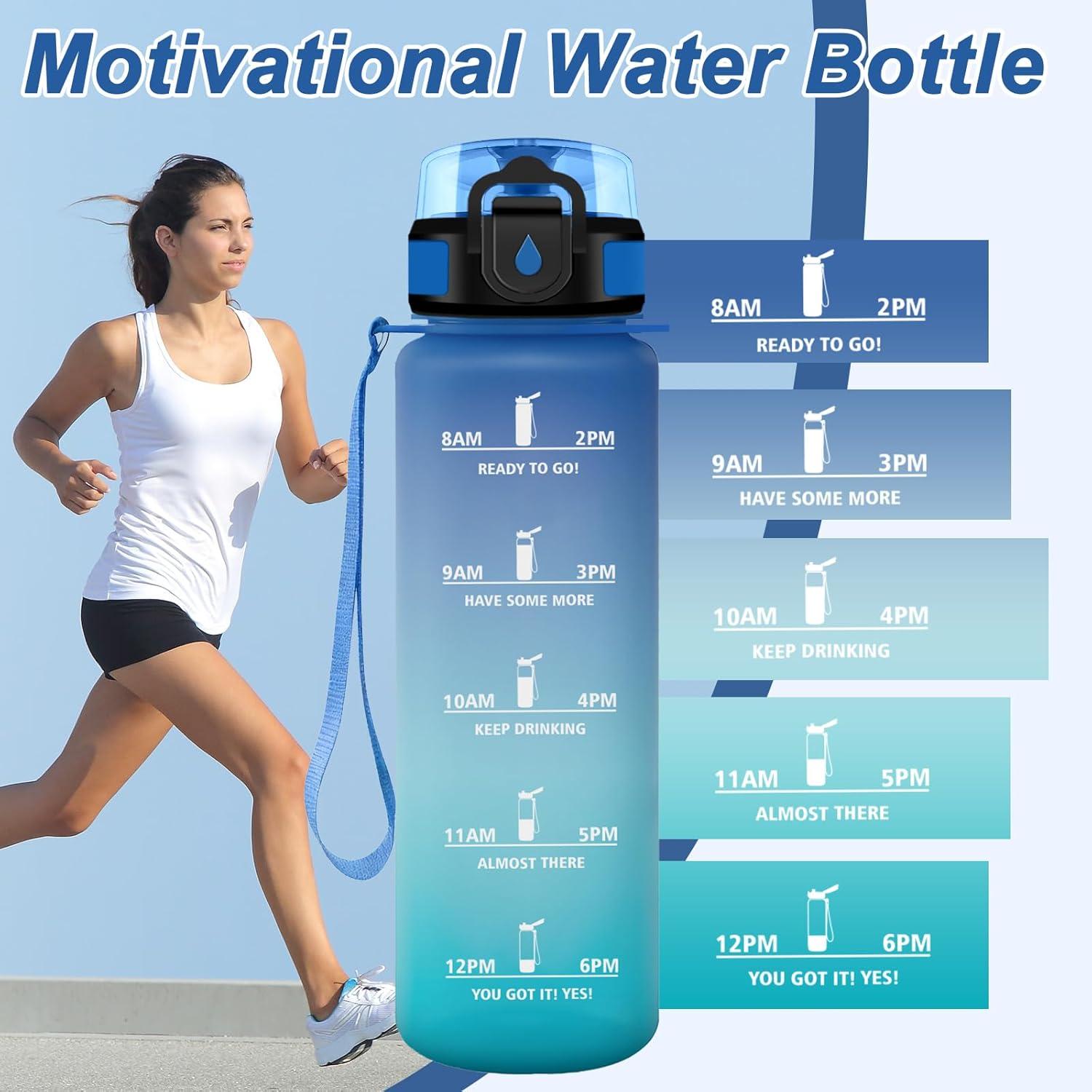 image:imageGourde Motivation 15L Gourde avec Filtre sans BPA tanche et Rutilisable Bouteille deau de Motivation avec Marqueur de Temps Bouteille Rutilisable pour lcole Sport Bureau Camping32oz1000ml Bleu Vert