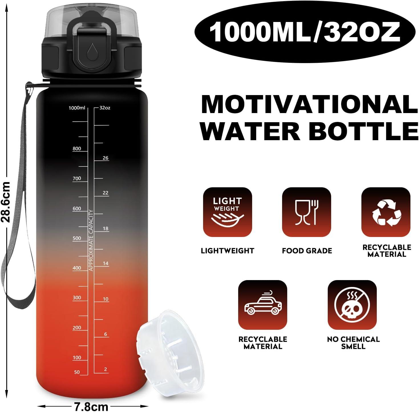 image:imageGourde Motivation 15L Gourde avec Filtre sans BPA tanche et Rutilisable Bouteille deau de Motivation avec Marqueur de Temps Bouteille Rutilisable pour lcole Sport Bureau Camping32oz1000ml Noir Rouge