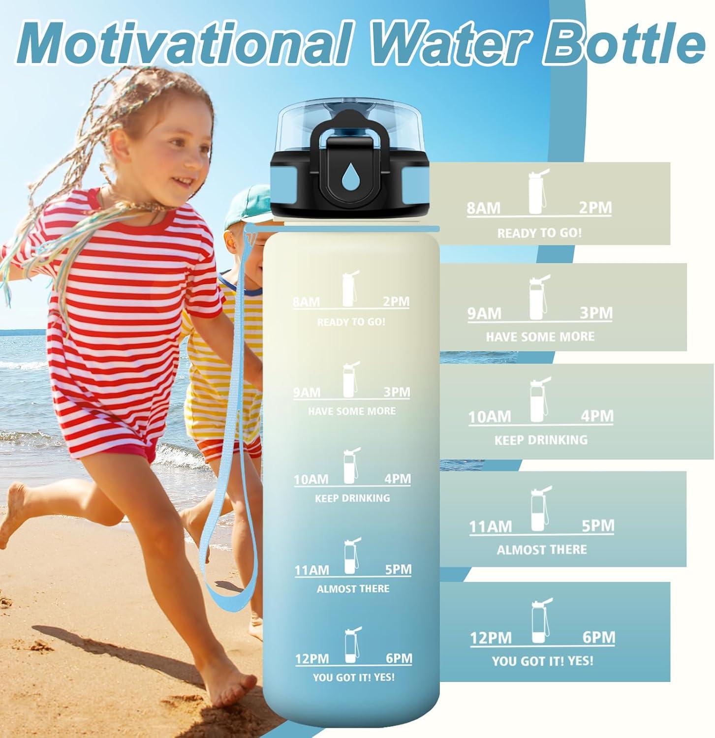 image:imageGourde Motivation 15L Gourde avec Filtre sans BPA tanche et Rutilisable Bouteille deau de Motivation avec Marqueur de Temps Bouteille Rutilisable pour lcole Sport Bureau Camping17oz500ml Blanc Bleu Clair