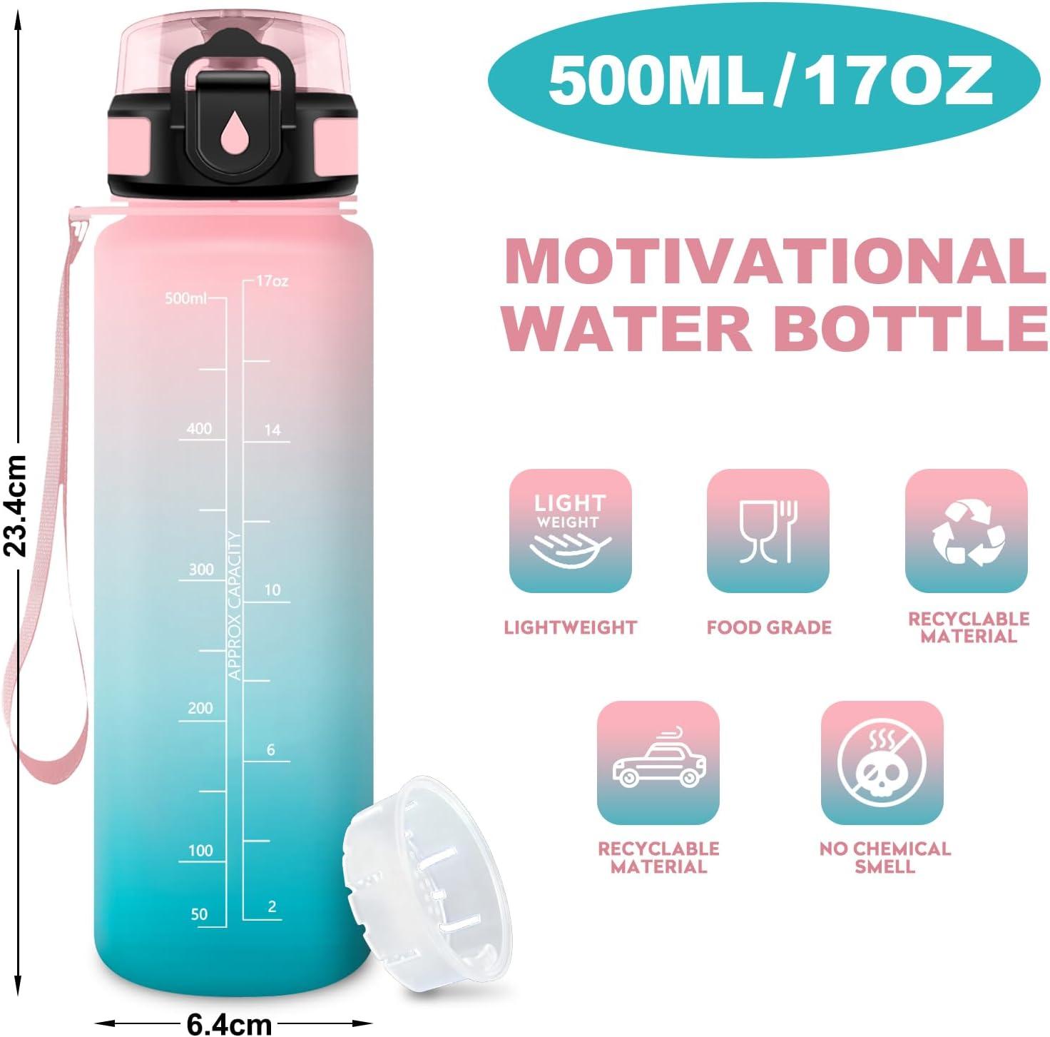 image:imageGourde Motivation 15L Gourde avec Filtre sans BPA tanche et Rutilisable Bouteille deau de Motivation avec Marqueur de Temps Bouteille Rutilisable pour lcole Sport Bureau Camping17oz500ml Rose Cyan