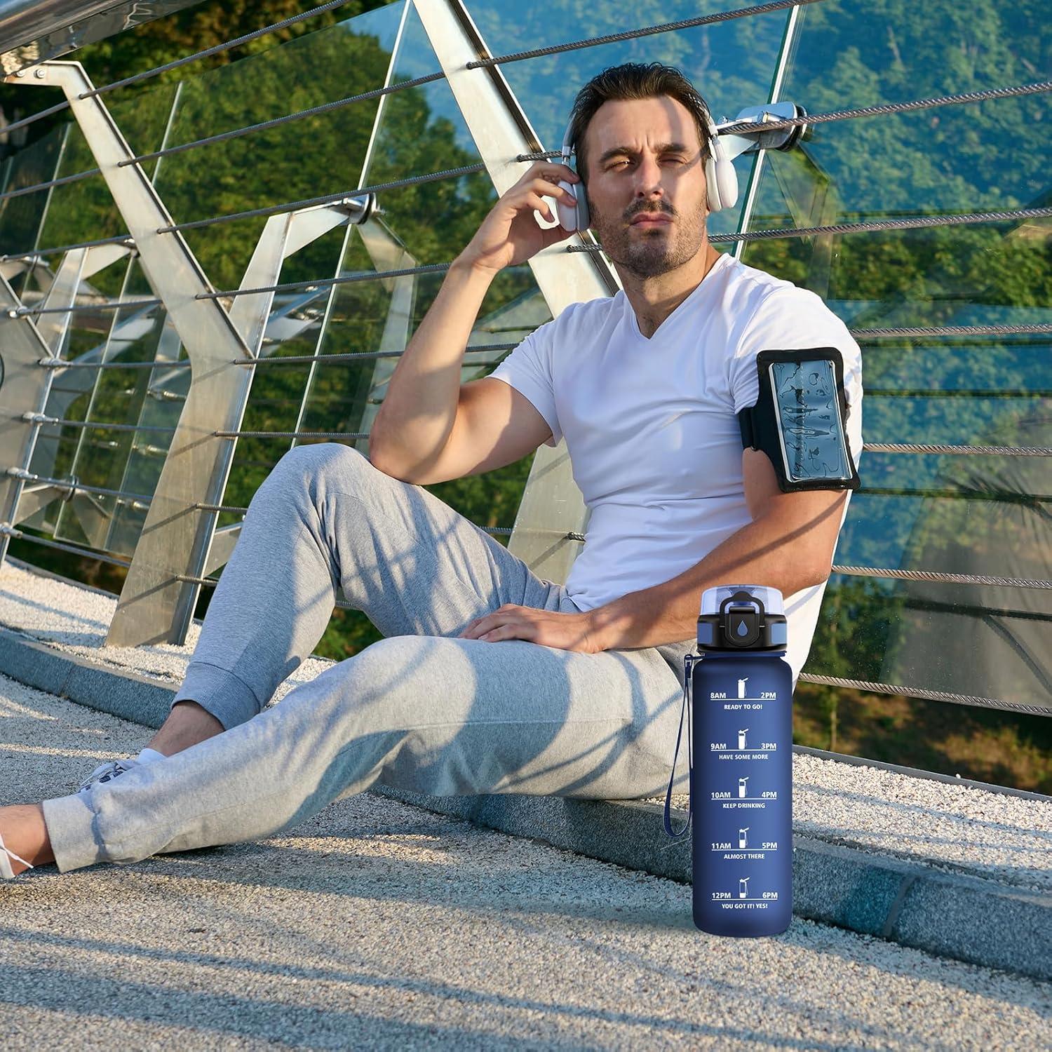 image:imageGourde Motivation 15L Gourde avec Filtre sans BPA tanche et Rutilisable Bouteille deau de Motivation avec Marqueur de Temps Bouteille Rutilisable pour lcole Sport Bureau Camping32oz1000ml Mat Bleu Marine