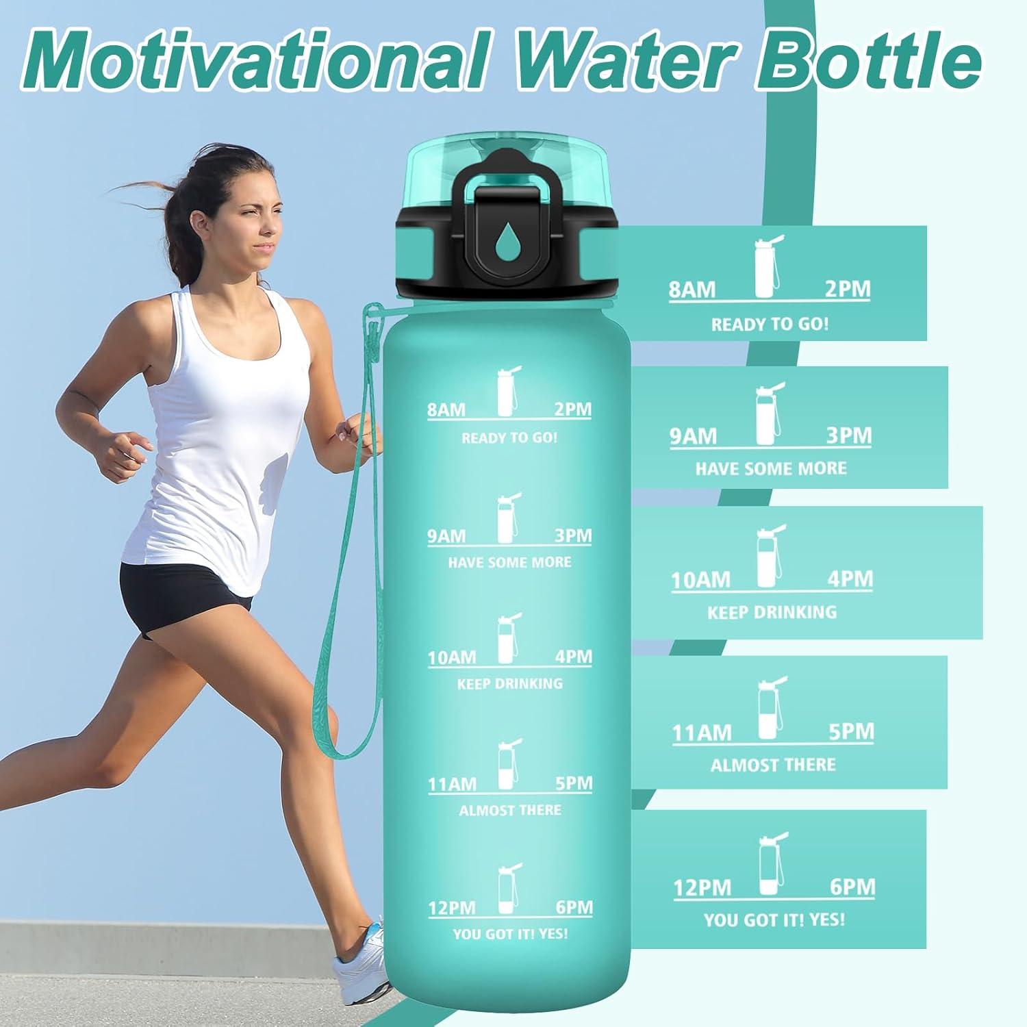 image:imageGourde Motivation 15L Gourde avec Filtre sans BPA tanche et Rutilisable Bouteille deau de Motivation avec Marqueur de Temps Bouteille Rutilisable pour lcole Sport Bureau Camping32oz1000ml Mat Bleuvert