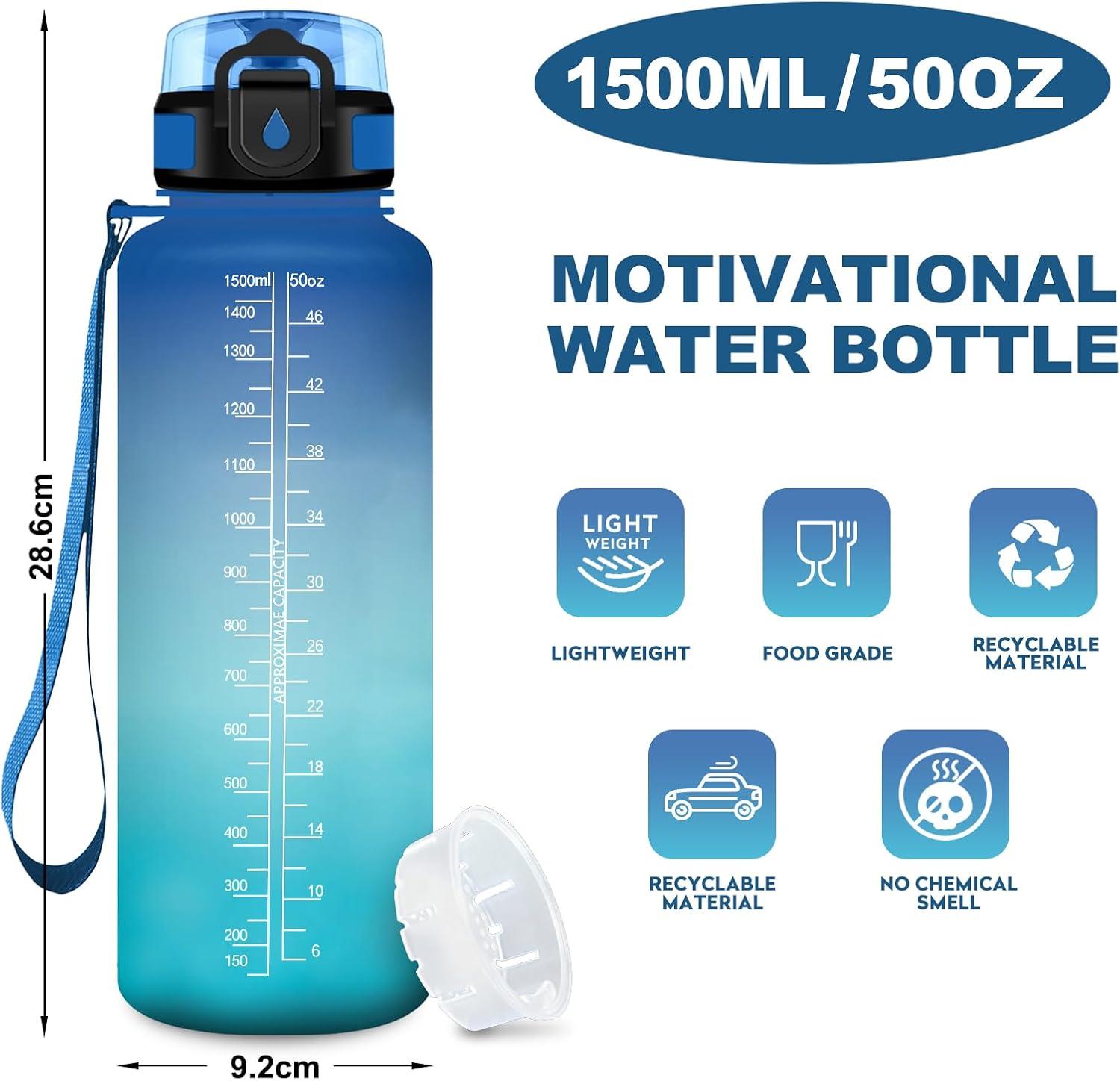 image:imageGourde Motivation 15L Gourde avec Filtre sans BPA tanche et Rutilisable Bouteille deau de Motivation avec Marqueur de Temps Bouteille Rutilisable pour lcole Sport Bureau Camping50oz1500ml Bleu Vert