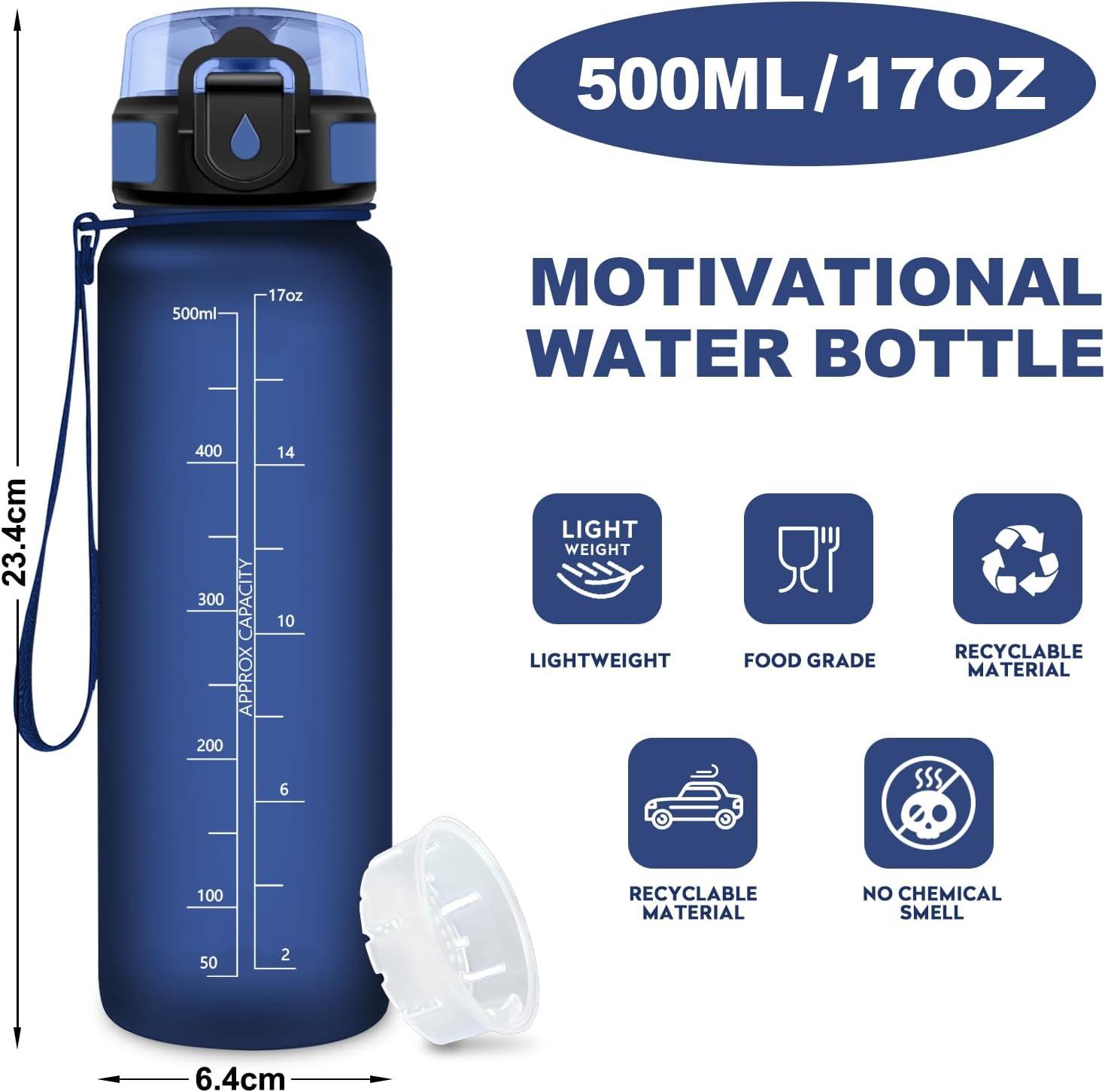 image:imageGourde Motivation 15L Gourde avec Filtre sans BPA tanche et Rutilisable Bouteille deau de Motivation avec Marqueur de Temps Bouteille Rutilisable pour lcole Sport Bureau Camping17oz500ml Mat Bleu Marine