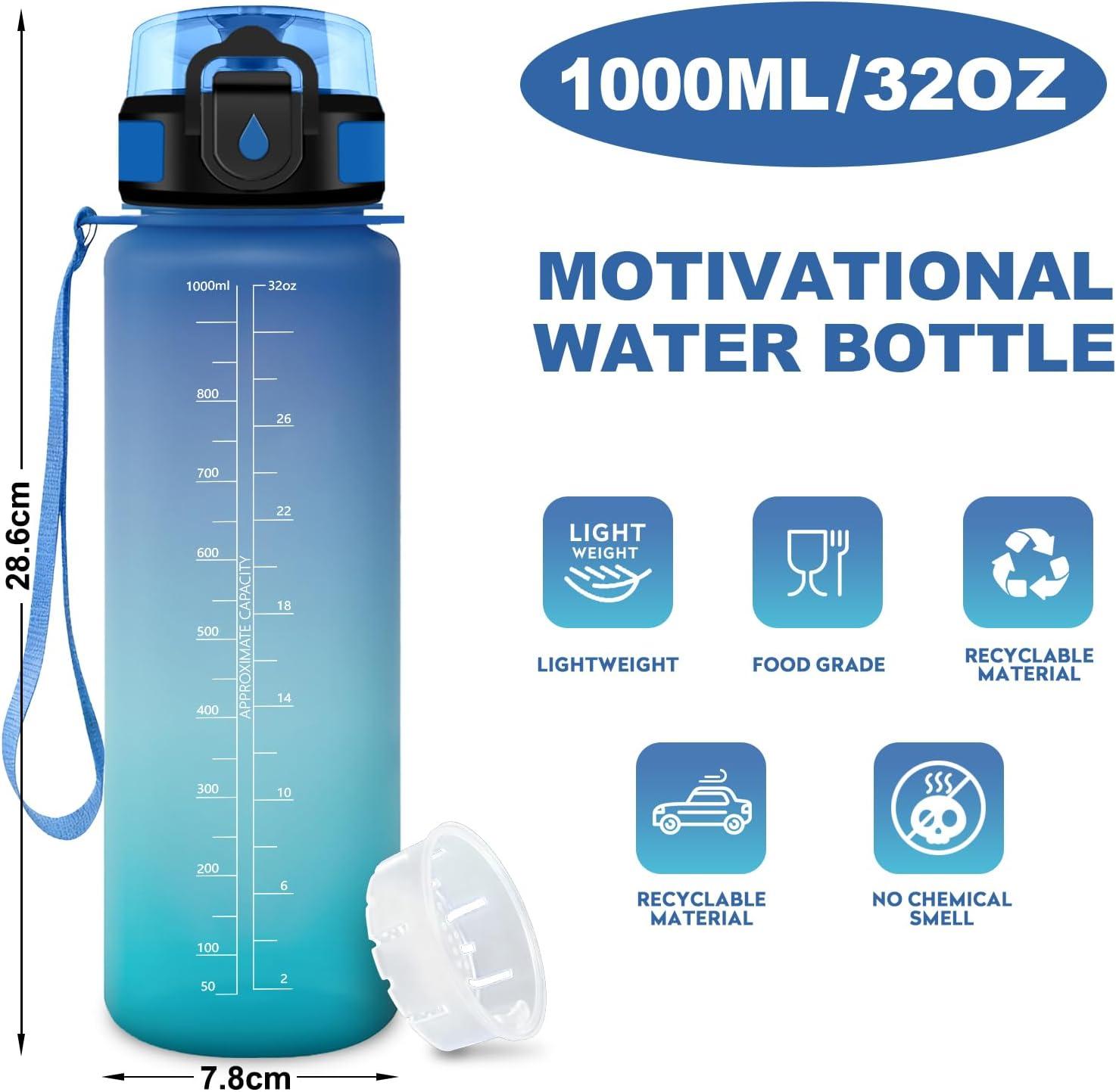 image:imageGourde Motivation 15L Gourde avec Filtre sans BPA tanche et Rutilisable Bouteille deau de Motivation avec Marqueur de Temps Bouteille Rutilisable pour lcole Sport Bureau Camping32oz1000ml Bleu Vert
