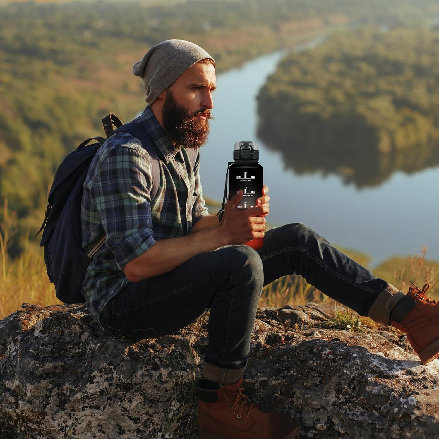 image:imageGourde Motivation 15L Gourde avec Filtre sans BPA tanche et Rutilisable Bouteille deau de Motivation avec Marqueur de Temps Bouteille Rutilisable pour lcole Sport Bureau Camping50oz1500ml Noir Rouge
