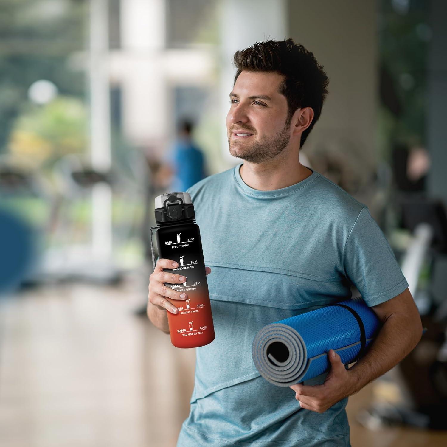 image:imageGourde Motivation 15L Gourde avec Filtre sans BPA tanche et Rutilisable Bouteille deau de Motivation avec Marqueur de Temps Bouteille Rutilisable pour lcole Sport Bureau Camping32oz1000ml Noir Rouge