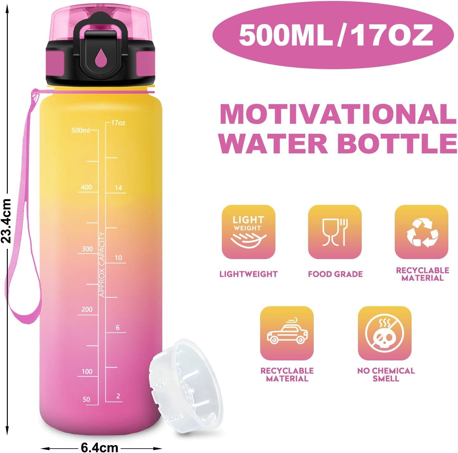 image:imageGourde Motivation 15L Gourde avec Filtre sans BPA tanche et Rutilisable Bouteille deau de Motivation avec Marqueur de Temps Bouteille Rutilisable pour lcole Sport Bureau Camping17oz500ml Jaune Rose