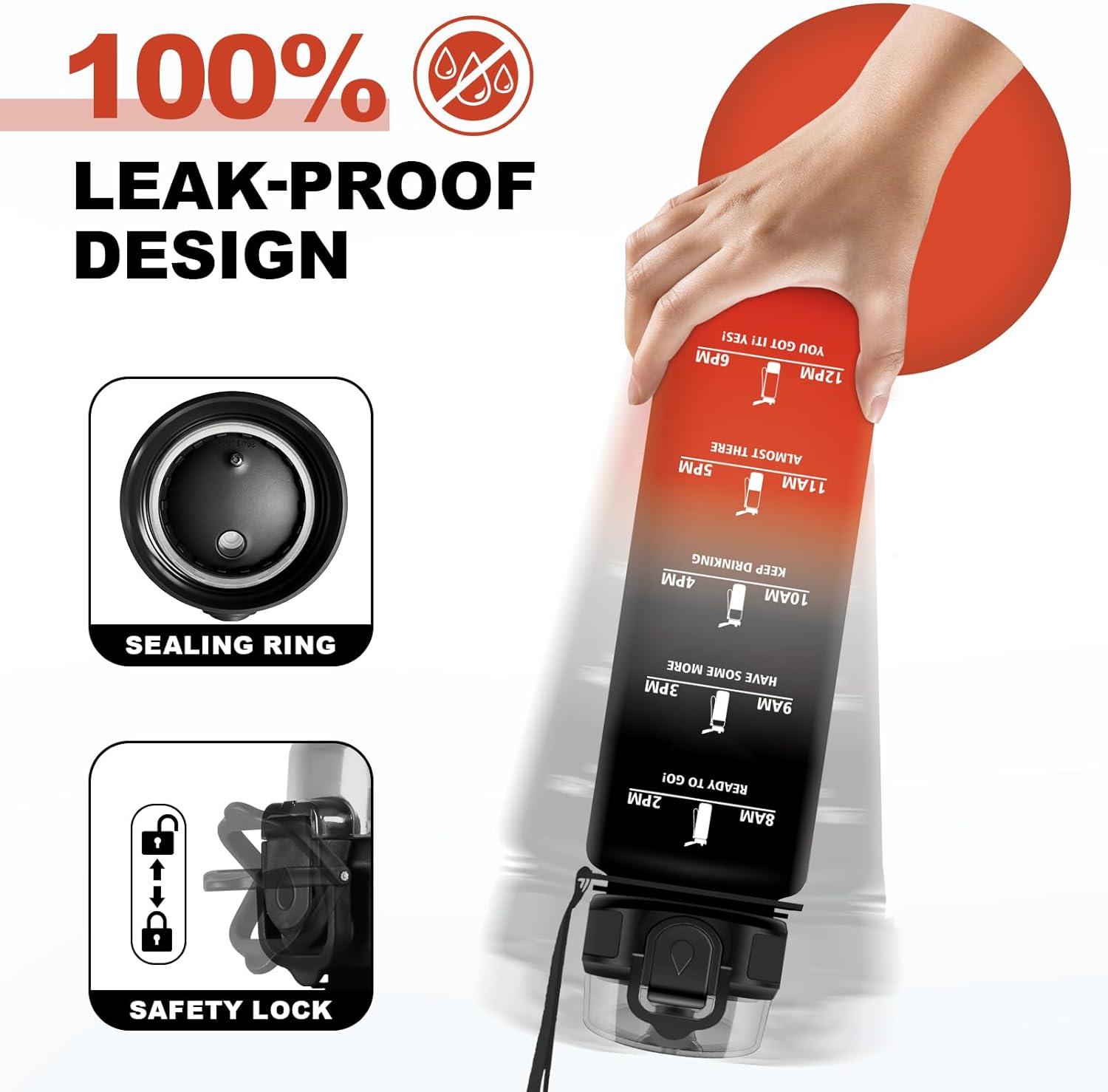 image:imageGourde Motivation 15L Gourde avec Filtre sans BPA tanche et Rutilisable Bouteille deau de Motivation avec Marqueur de Temps Bouteille Rutilisable pour lcole Sport Bureau Camping32oz1000ml Noir Rouge