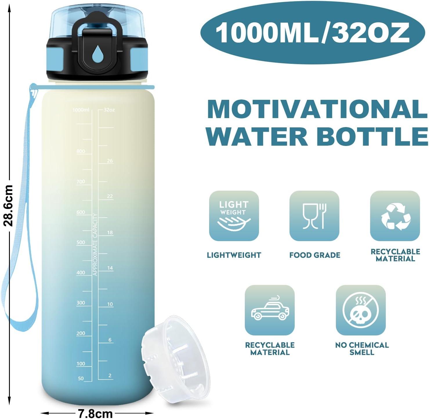 image:imageGourde Motivation 15L Gourde avec Filtre sans BPA tanche et Rutilisable Bouteille deau de Motivation avec Marqueur de Temps Bouteille Rutilisable pour lcole Sport Bureau Camping32oz1000ml Blanc Bleu Clair