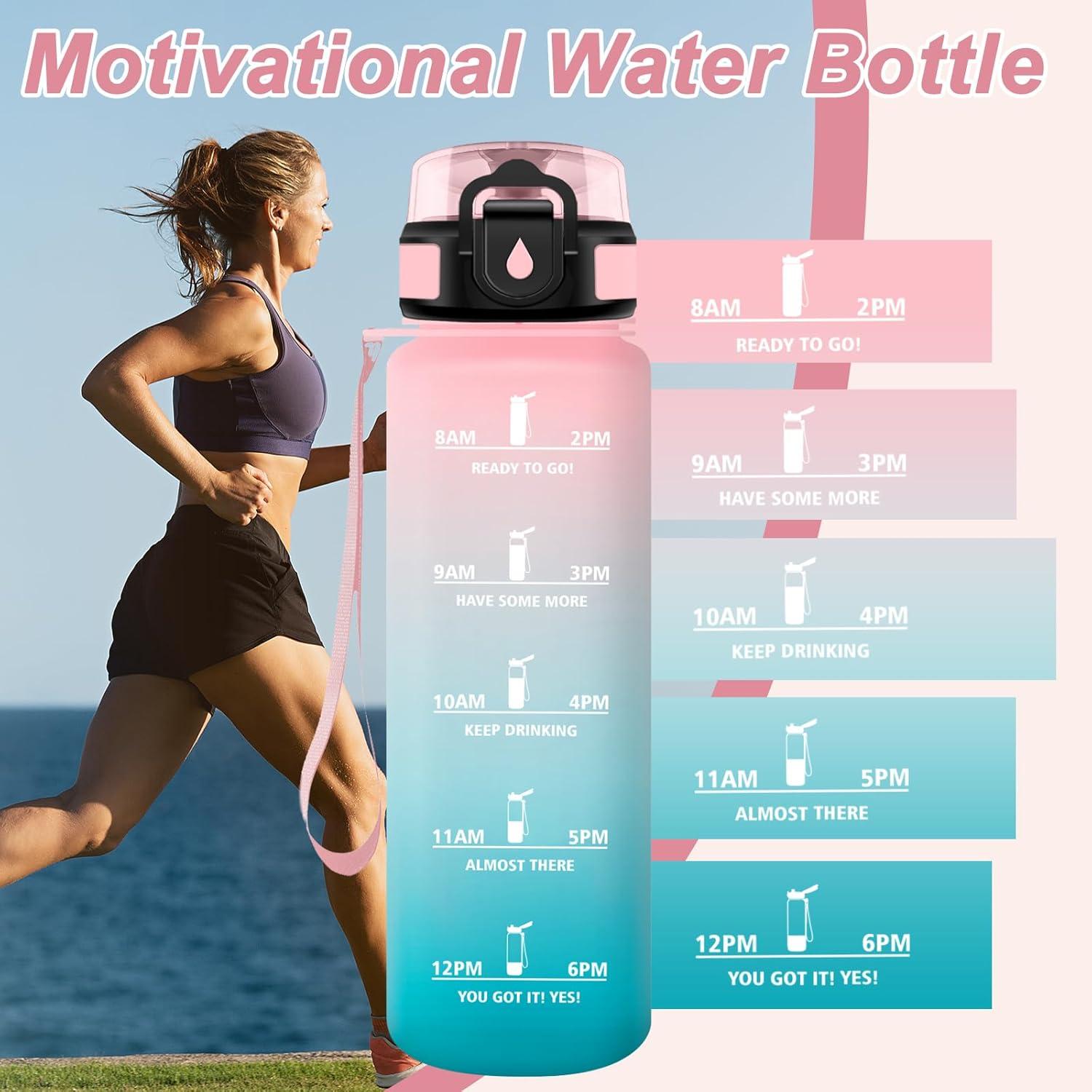 image:imageGourde Motivation 15L Gourde avec Filtre sans BPA tanche et Rutilisable Bouteille deau de Motivation avec Marqueur de Temps Bouteille Rutilisable pour lcole Sport Bureau Camping32oz1000ml Rose Cyan