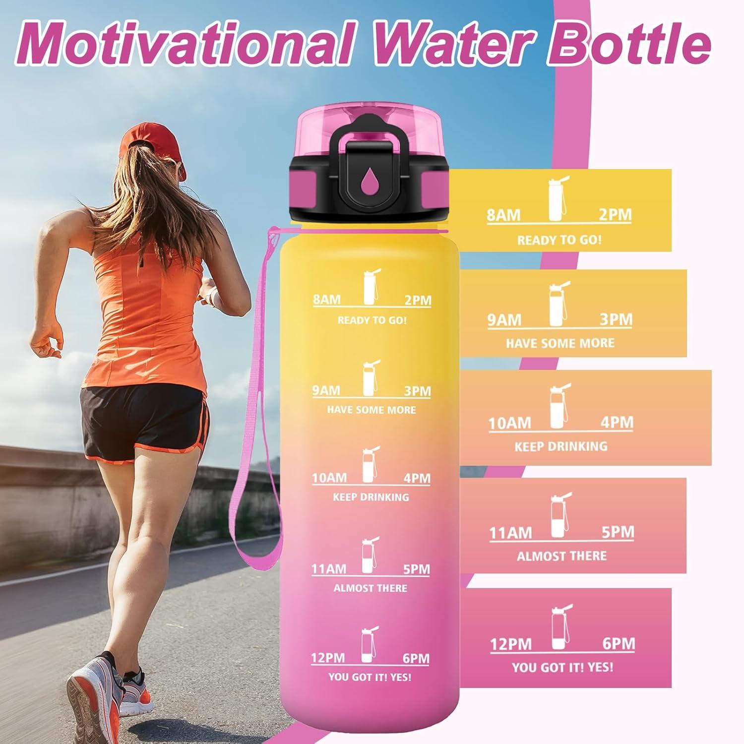 image:imageGourde Motivation 15L Gourde avec Filtre sans BPA tanche et Rutilisable Bouteille deau de Motivation avec Marqueur de Temps Bouteille Rutilisable pour lcole Sport Bureau Camping32oz1000ml Jaune Rose