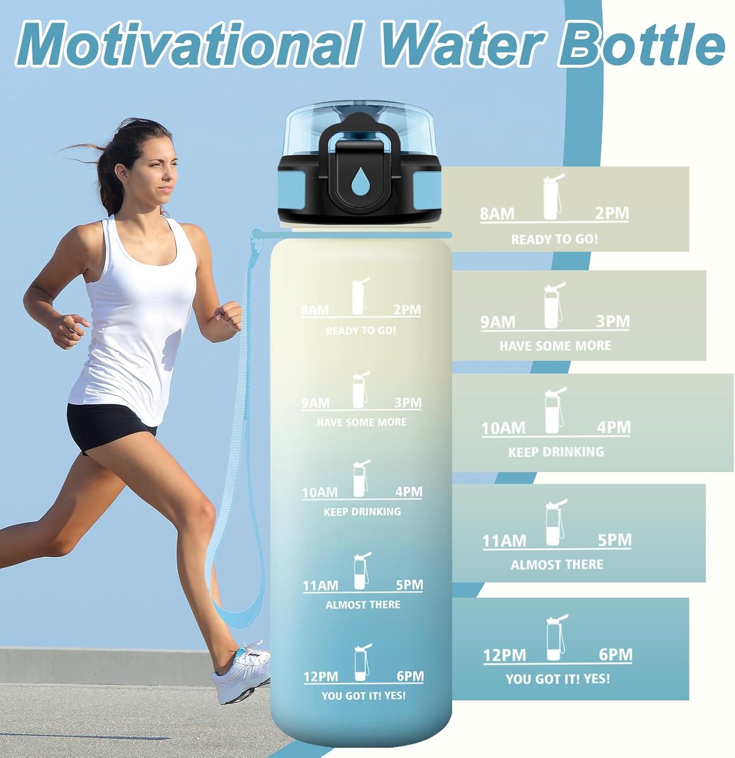 image:imageGourde Motivation 15L Gourde avec Filtre sans BPA tanche et Rutilisable Bouteille deau de Motivation avec Marqueur de Temps Bouteille Rutilisable pour lcole Sport Bureau Camping32oz1000ml Blanc Bleu Clair