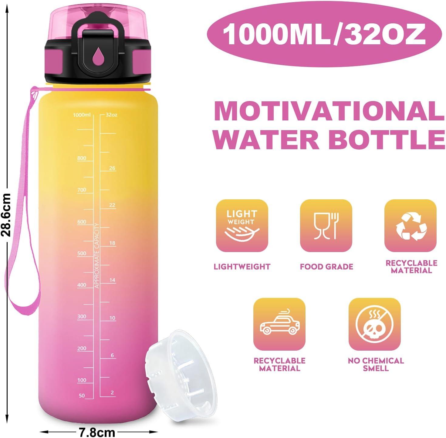 image:imageGourde Motivation 15L Gourde avec Filtre sans BPA tanche et Rutilisable Bouteille deau de Motivation avec Marqueur de Temps Bouteille Rutilisable pour lcole Sport Bureau Camping32oz1000ml Jaune Rose