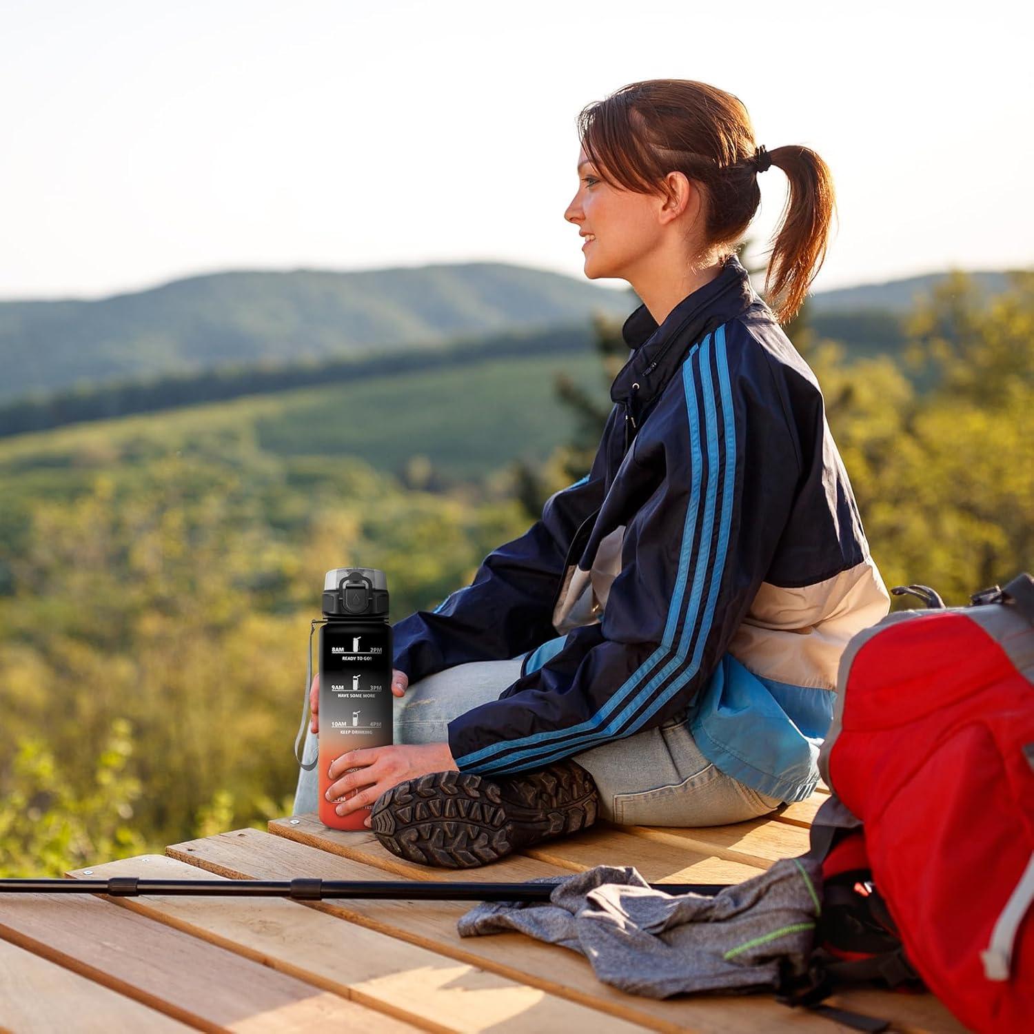 image:imageGourde Motivation 15L Gourde avec Filtre sans BPA tanche et Rutilisable Bouteille deau de Motivation avec Marqueur de Temps Bouteille Rutilisable pour lcole Sport Bureau Camping32oz1000ml Noir Rouge