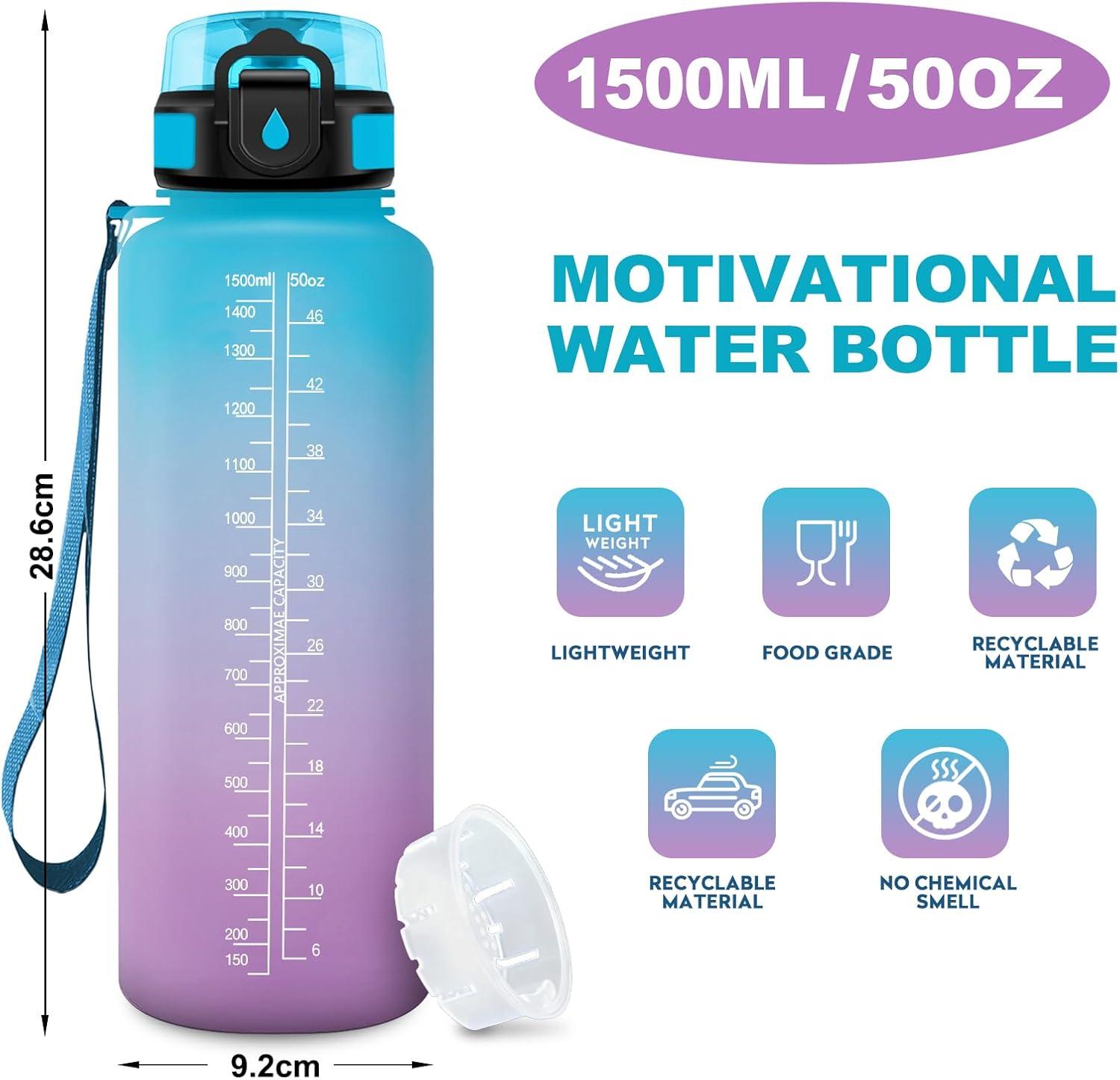 image:imageGourde Motivation 15L Gourde avec Filtre sans BPA tanche et Rutilisable Bouteille deau de Motivation avec Marqueur de Temps Bouteille Rutilisable pour lcole Sport Bureau Camping50oz1500ml Bleu Violet