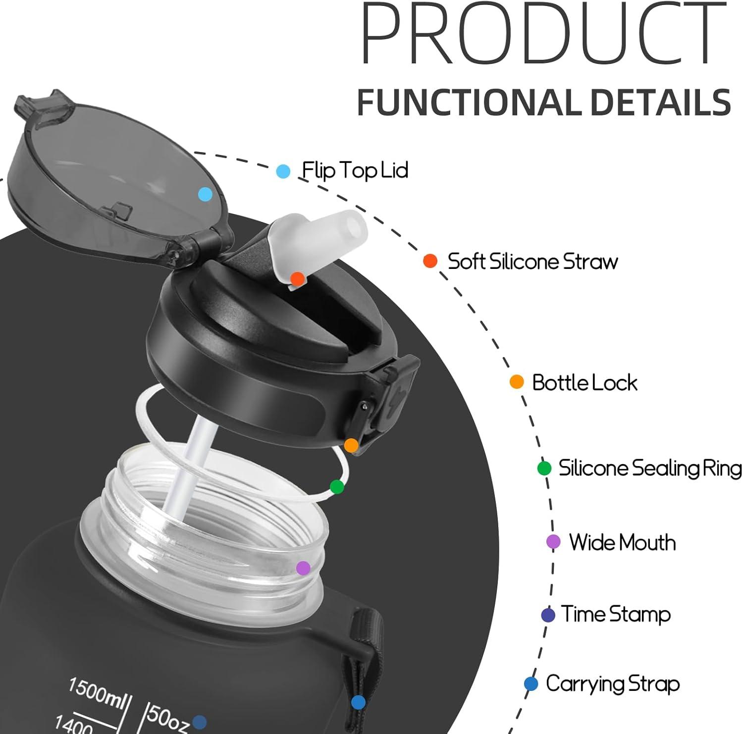 image:imageHoneyHolly Gourde 15L Bouteille Gourde Sport avec Paille Gourde Motivation avec Marqueur de Temps Bouteille deau tanche Bouteille deau pour Randonne Camping Fitness CyclismeNoir 1500ml