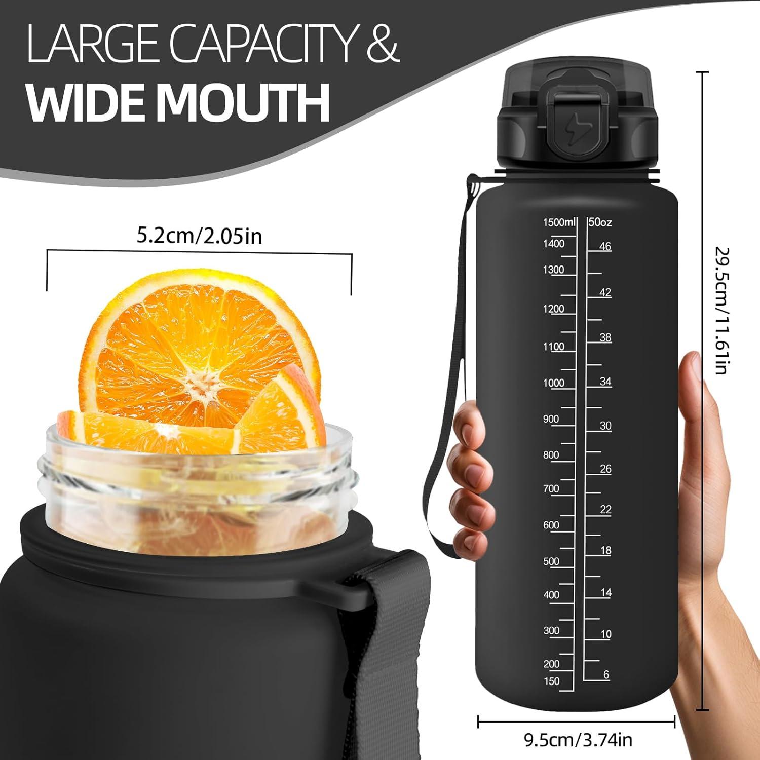 image:imageHoneyHolly Gourde 15L Bouteille Gourde Sport avec Paille Gourde Motivation avec Marqueur de Temps Bouteille deau tanche Bouteille deau pour Randonne Camping Fitness CyclismeNoir 1500ml