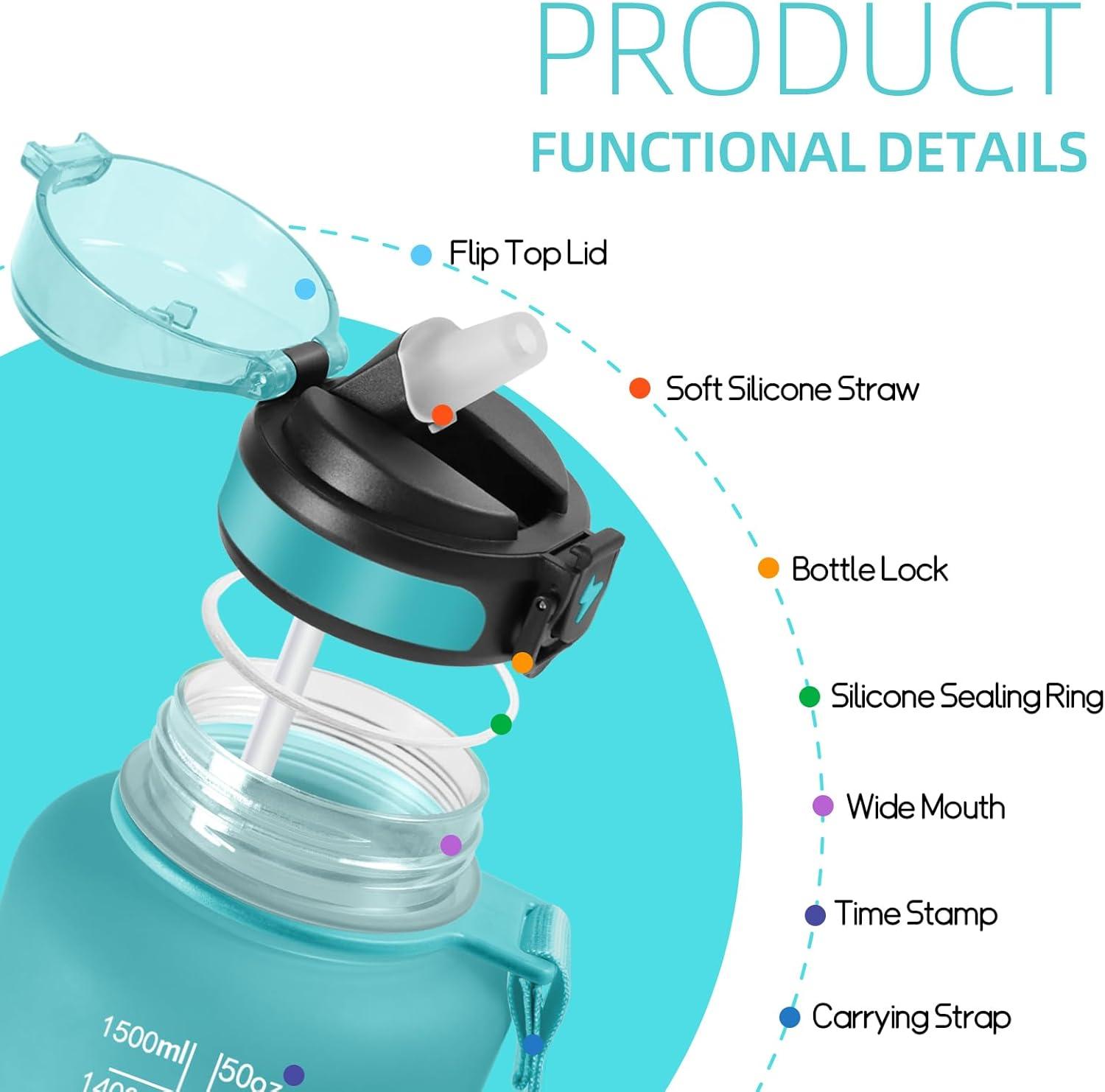 image:imageHoneyHolly Gourde 15L Bouteille Gourde Sport avec Paille Gourde Motivation avec Marqueur de Temps Bouteille deau tanche Bouteille deau pour Randonne Camping Fitness CyclismeVert Poudre 1500ml