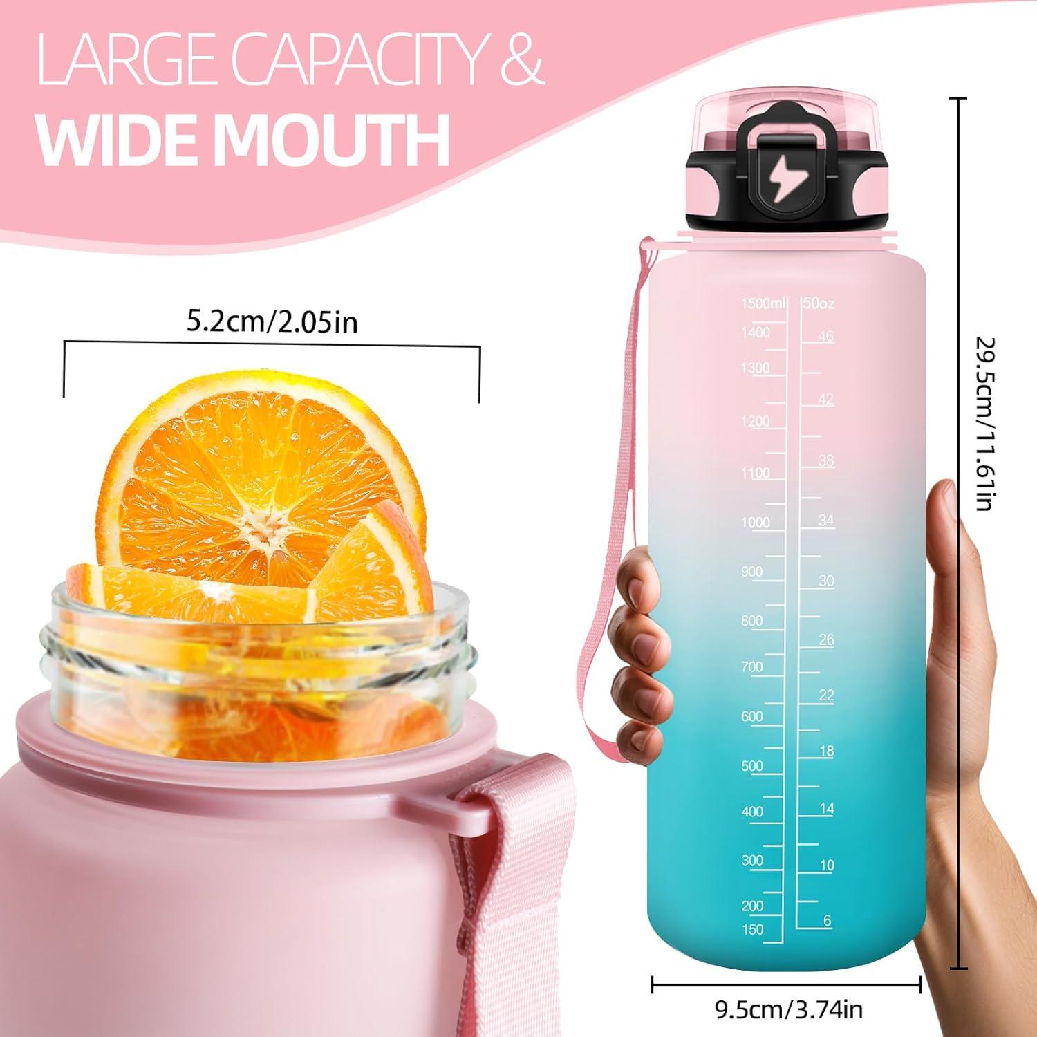 image:imageHoneyHolly Gourde 15L Bouteille Gourde Sport avec Paille Gourde Motivation avec Marqueur de Temps Bouteille deau tanche Bouteille deau pour Randonne Camping Fitness CyclismeRose Cyan 1500ml
